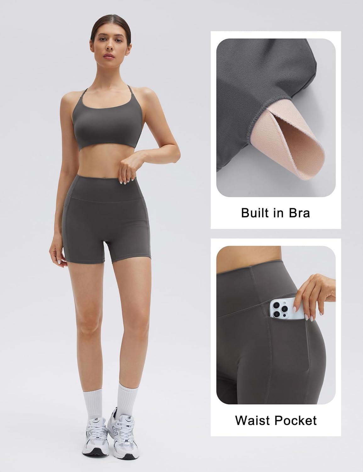 SUUKSESS Women 2 Piece Workout Sets Strappy Sports Bra High Waist Biker Shorts with Pockets - Image 2