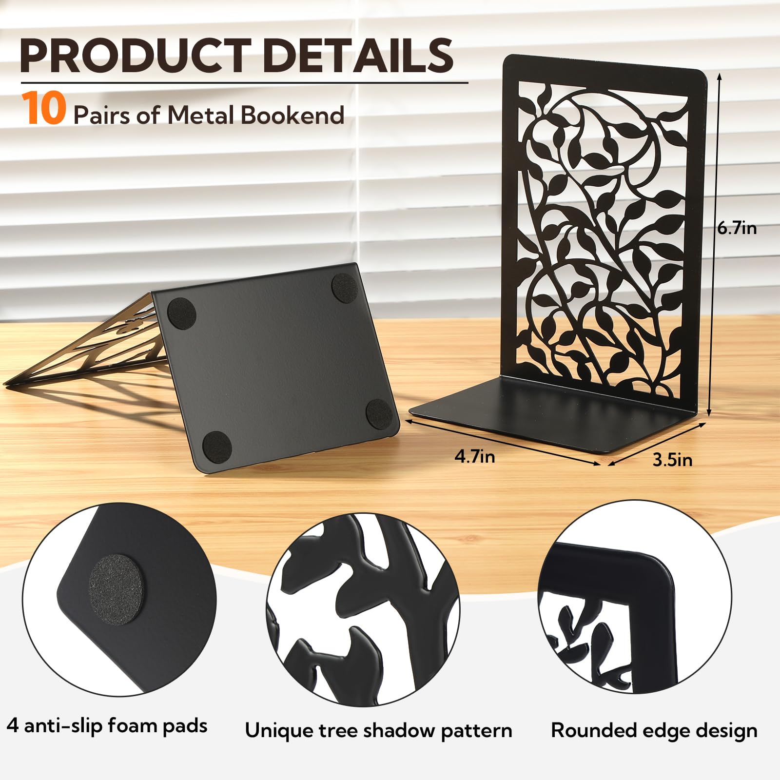 Buchstützen für Regale, robuste Buchstützen, rutschfest, Metall, schwarzes Baum-Design, moderne Buchstützen für Regale, Büro, Zuhause, dekorativer Buchstopper für Bücher, CDs, 10 Paar, 20 Stück