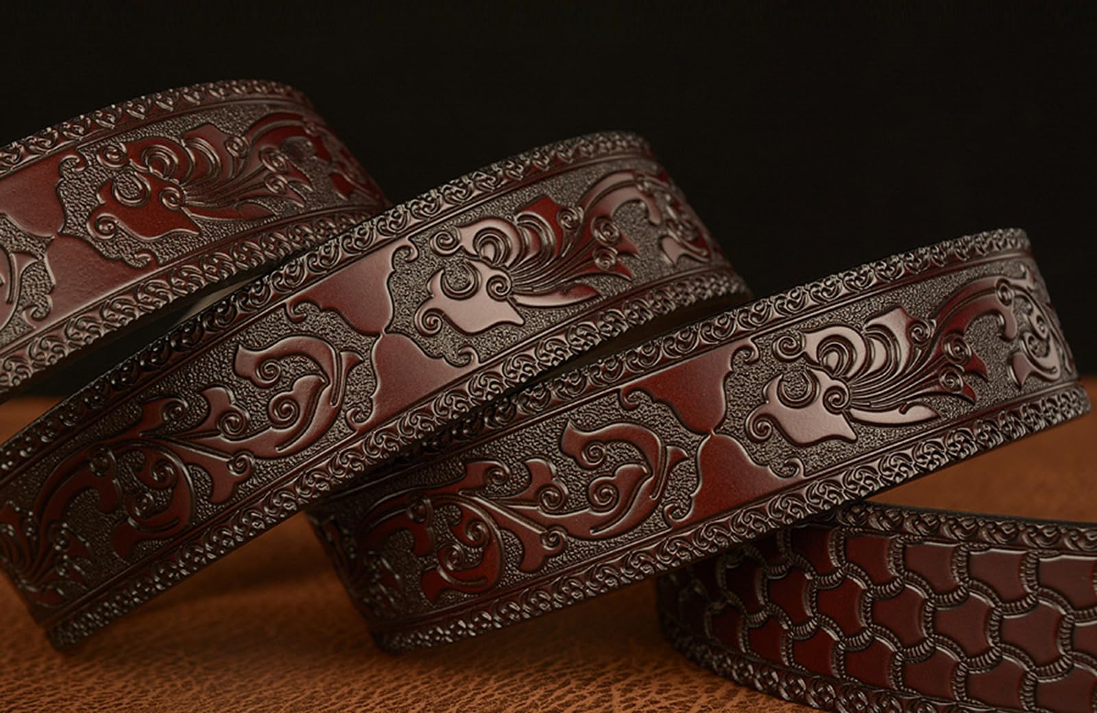 Herren-Leder-Ratschengürtel, Retro-geprägt, florales Schnitzen, Retro-Stil, Adler-Schnalle, Bund, 3,5 cm, passend zugeschnitten