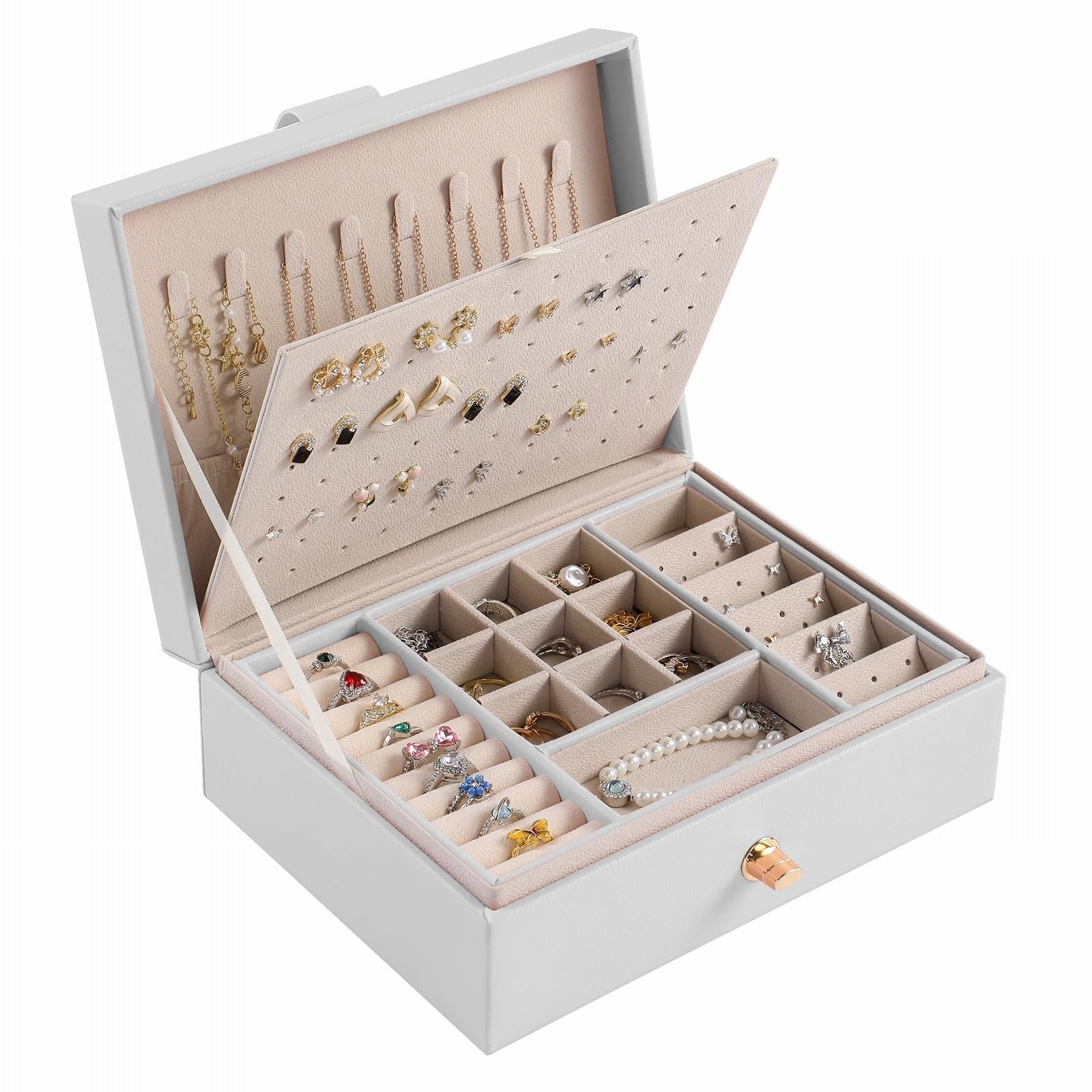 BaketronWhite Stackers Jewellery Box with More Earring Storage PU Leather Jewelry Organiser For Earring Necklace Holder Bracelet Ring Accessories Birthday Gifts For Women Girls Travel Case