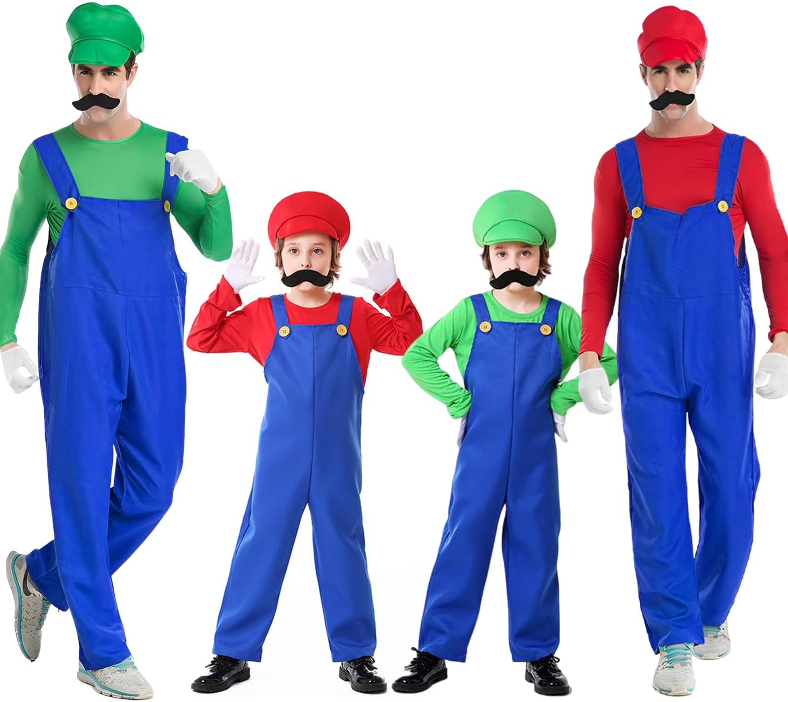 Formemory Mario and Luigi Costume for Adult Kids, Mario Bros Costume with Jacket Overall Hat Gloves Mustache, Mario Costume Plumber Brothers Fancy Dress for Carnival Halloween