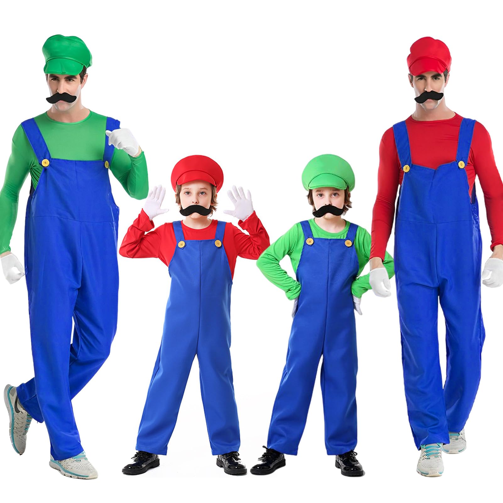 Formemory Mario and Luigi Costume for Adult Kids, Mario Bros Costume with Jacket Overall Hat Gloves Mustache, Mario Costume Plumber Brothers Fancy Dress for Carnival Halloween