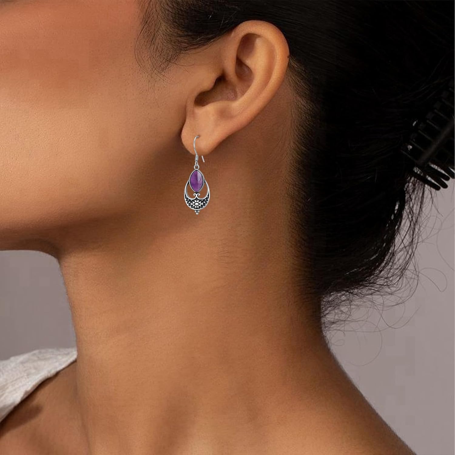 Natural Amethyst Vintage Openwork Dangle Earrings, 925 Sterling Silver Marquise Gemstone Earrings, Boho Chic Jewelry Gift for Women - Image 2