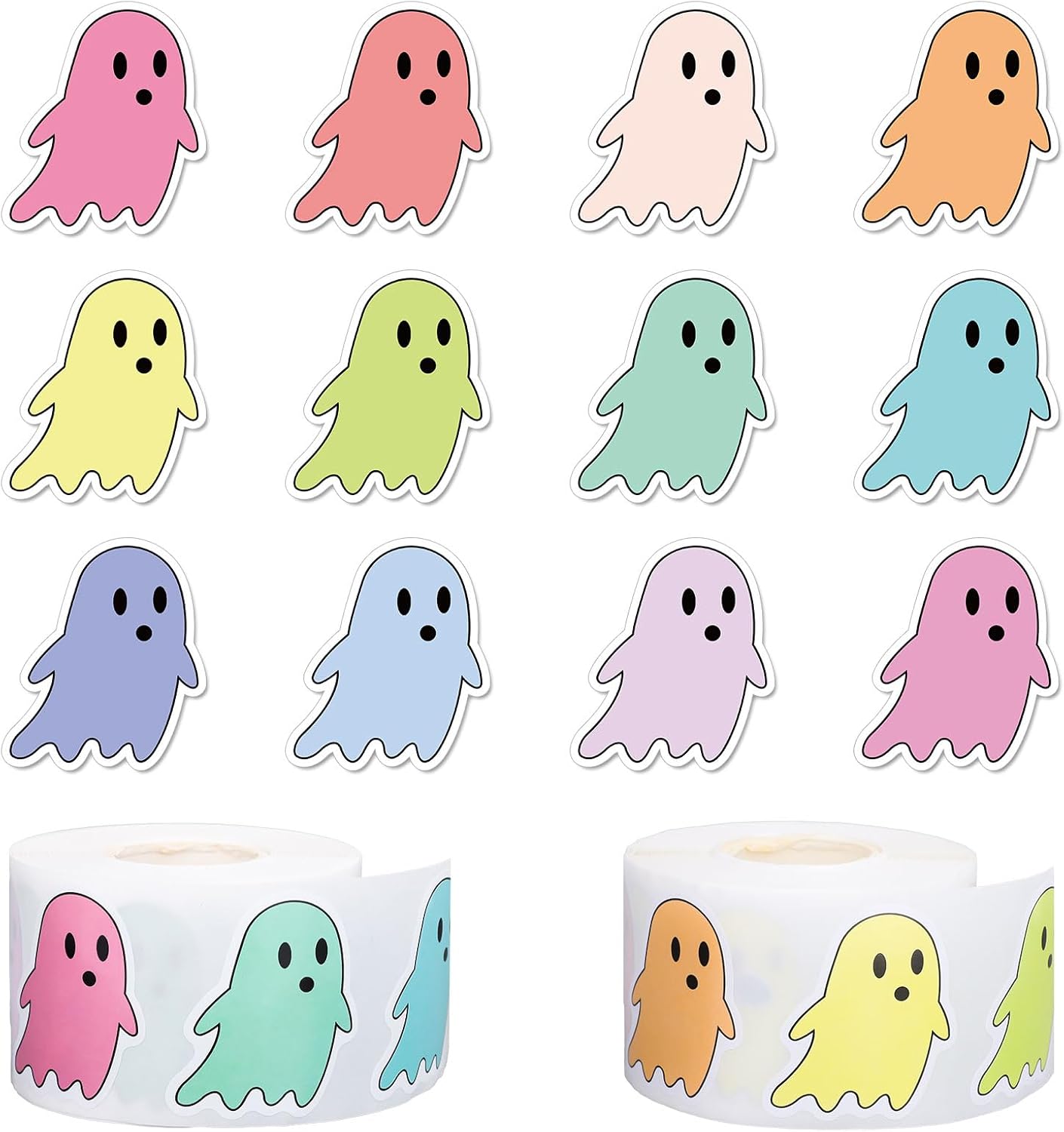Whaline 1000 Pcs Halloween Ghost Stickers Colorful Cute Cartoon Ghost Self-Adhesive Sticker Decals for Halloween Birthday Party Scrapbook Envelope Decor Supplies, 2 Rolls