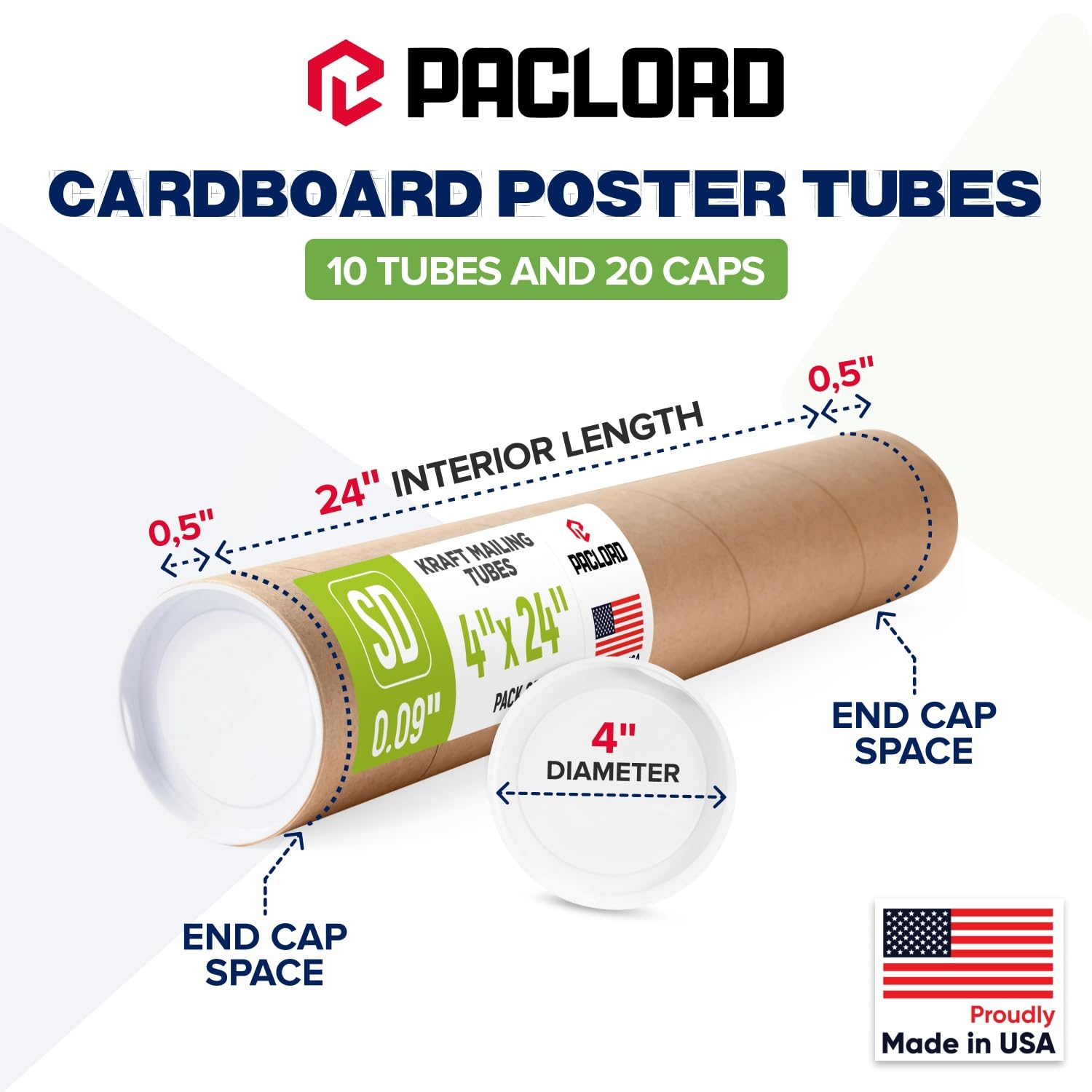 Versandrollen aus verstärktem Kraftpapier, 10,2 x 61 cm, Packung mit 10 Röhren mit je 2 Kappen, USPS-zugelassene Posterröhre, hergestellt in den USA, Kartonröhre für Versand und Aufbewahrung von