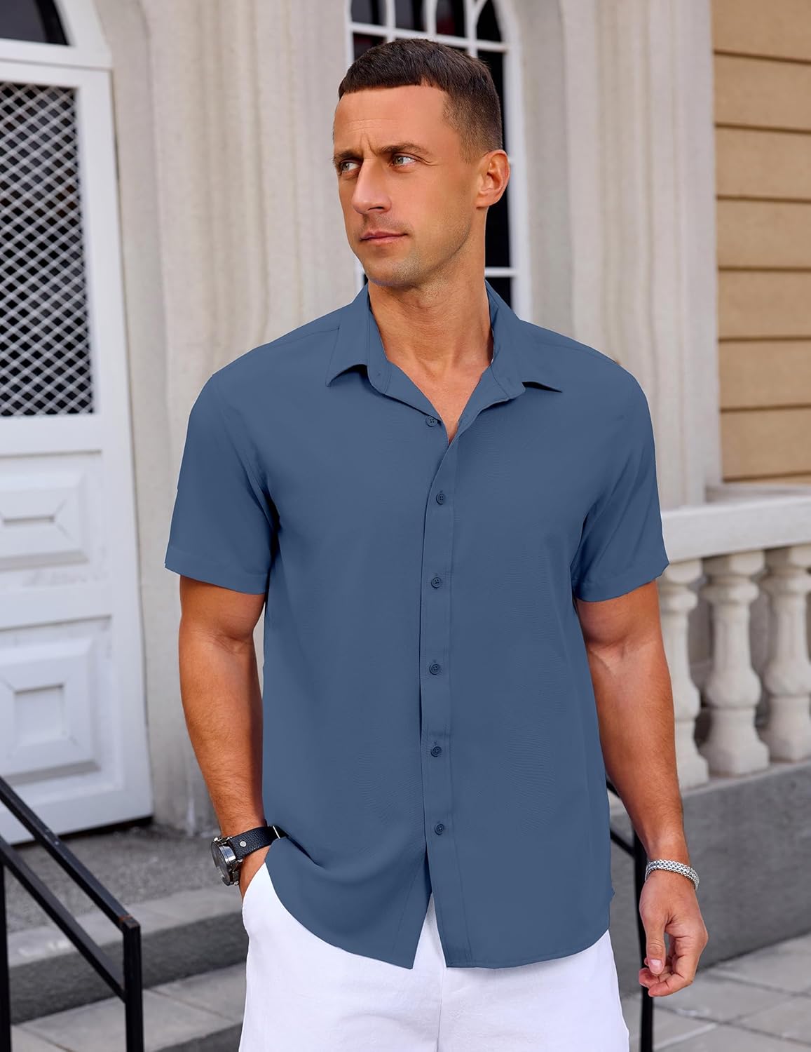 Mens Button Down Short Sleeve Shirt Casual Summer Wedding Untucked Dress Shirts - Image 4
