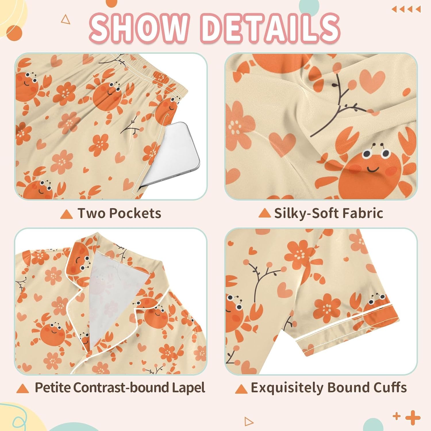 Kids Satin Wear Set Crab Flower Orange Pattern Relaxed Fit Clothing Short Sleeve and Shorts