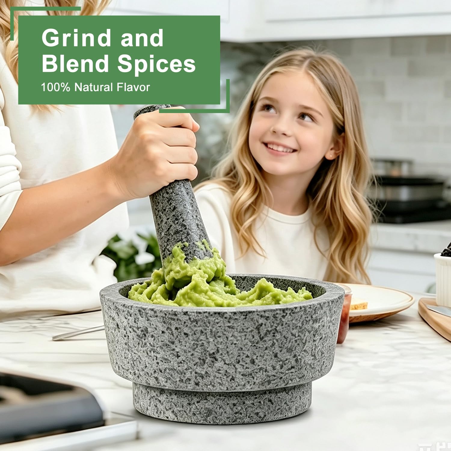 Mortero y pilón – Cuenco de granito sin pulir para moler especias, mortero de salsa de aguacate para el día familiar y mortero de 7.1 pulgadas, 5.5 tazas, molcajete mexicano, molinillo manual de