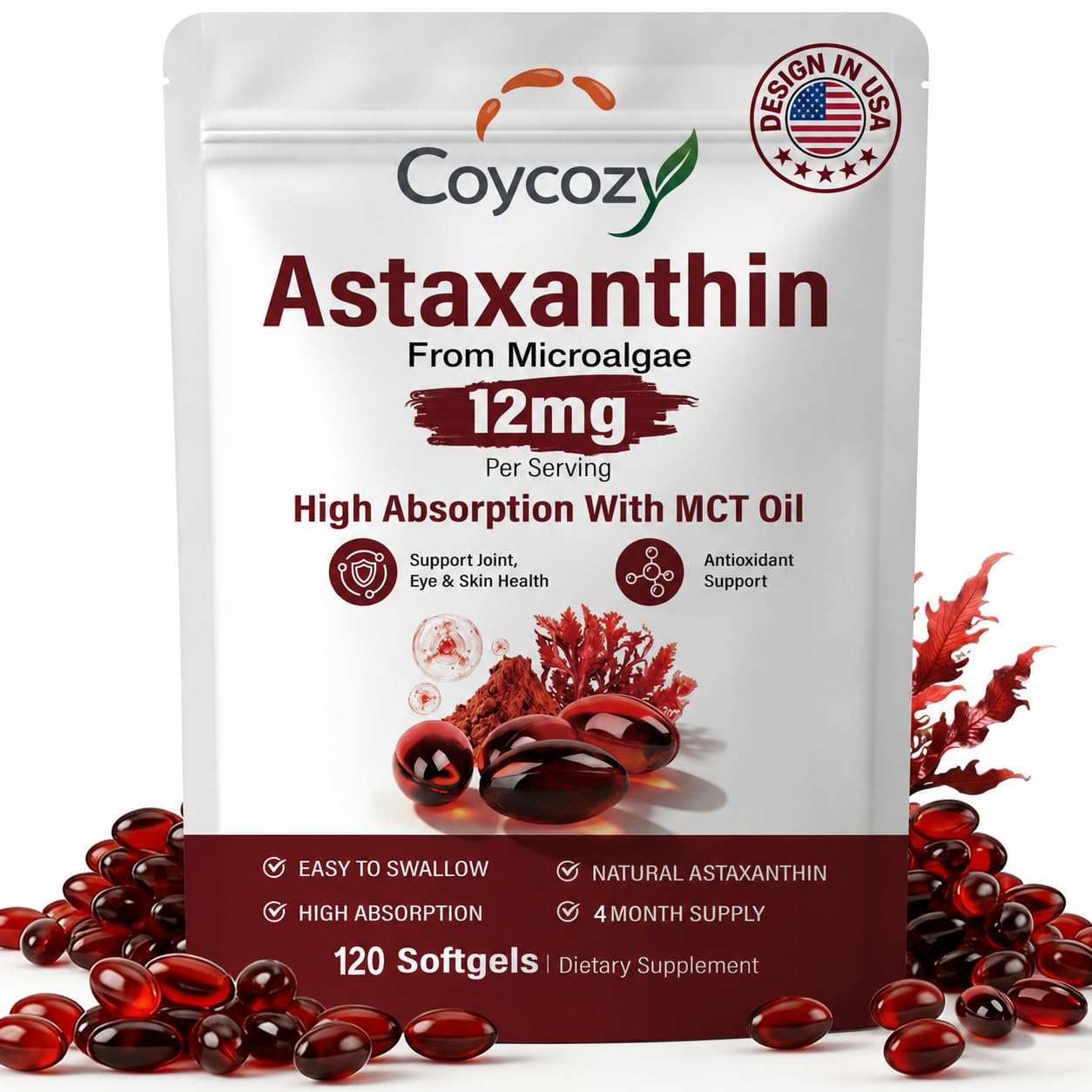 Astaxanthin 12mg Natural 120 Softgels Astaxanthin Supplement Antioxidant Support Eye Skin Health | Internal Circulation,4 Month Supply| Non-GMO,Gluten-Free,No Soy (120 Count (Pack of 1))