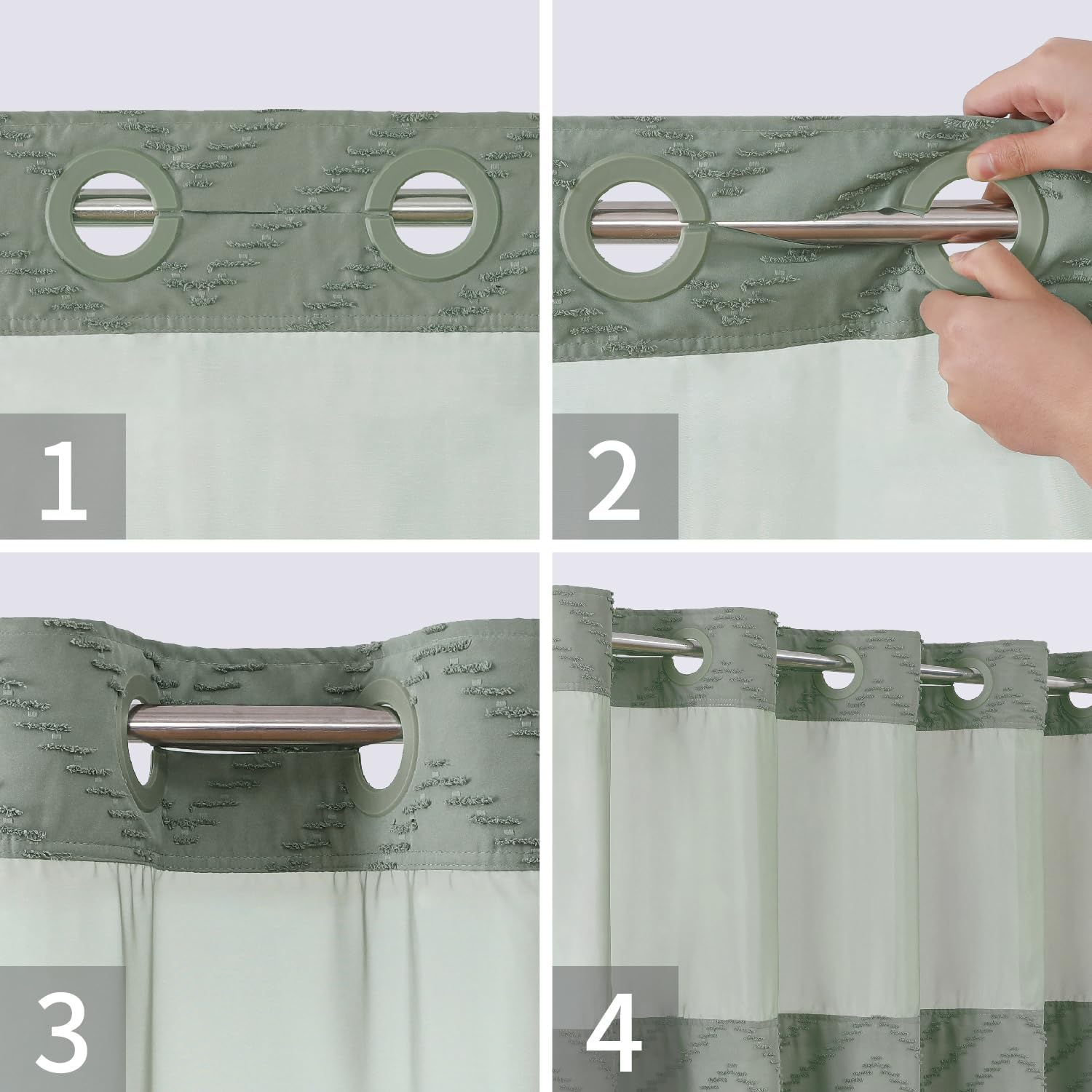 Extra Long No Hook Tufted Chevron Striped Shower Curtain with Snap-in Fabric Liner set-71Wx86H(84H),Sage Green Hotel Grade Boho Style Shower Curtain,Water Repellent