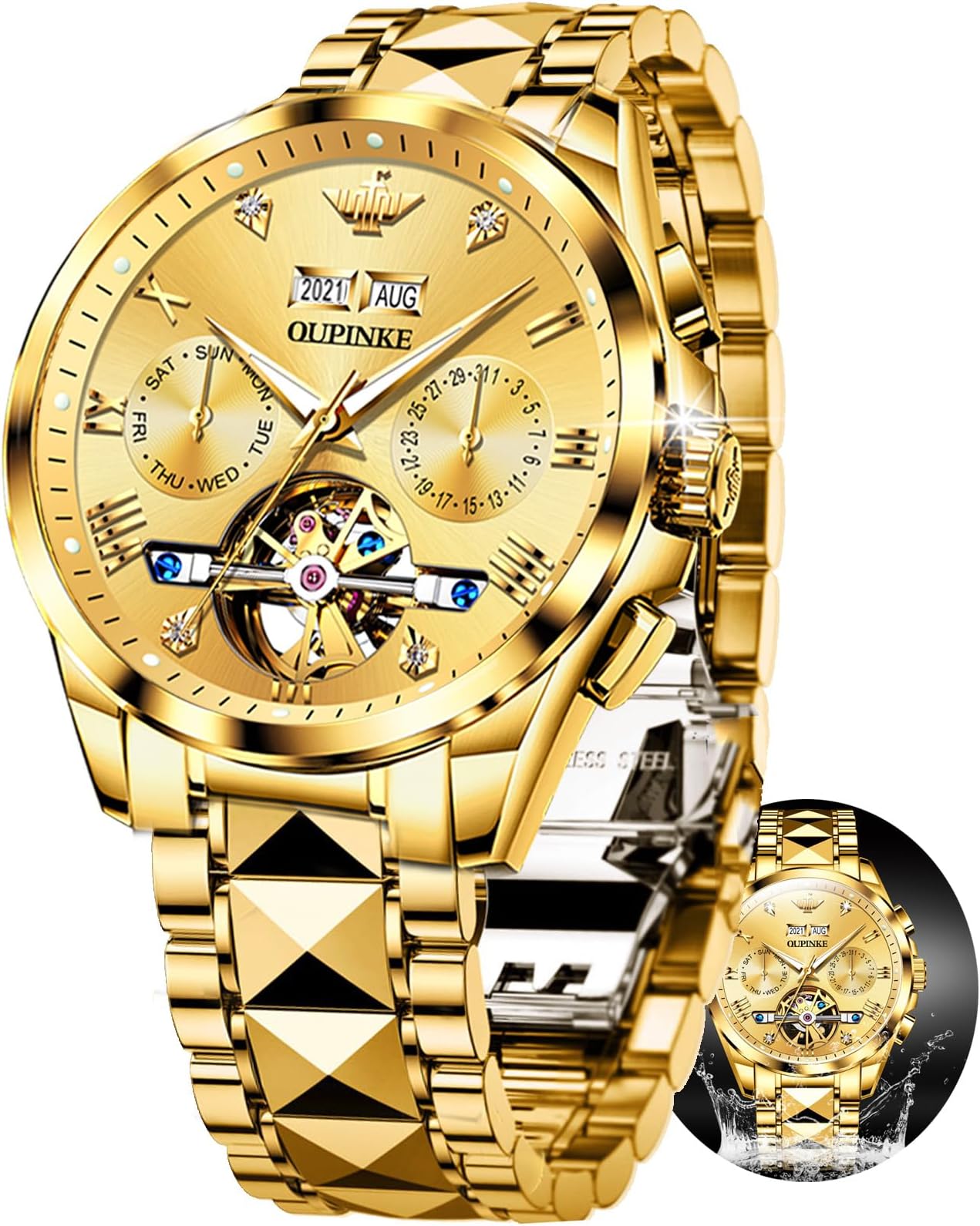 Men's Casual Fashion Waterproof Gold Stainless Steel Band Quartz Gold Watches Gifts for Men