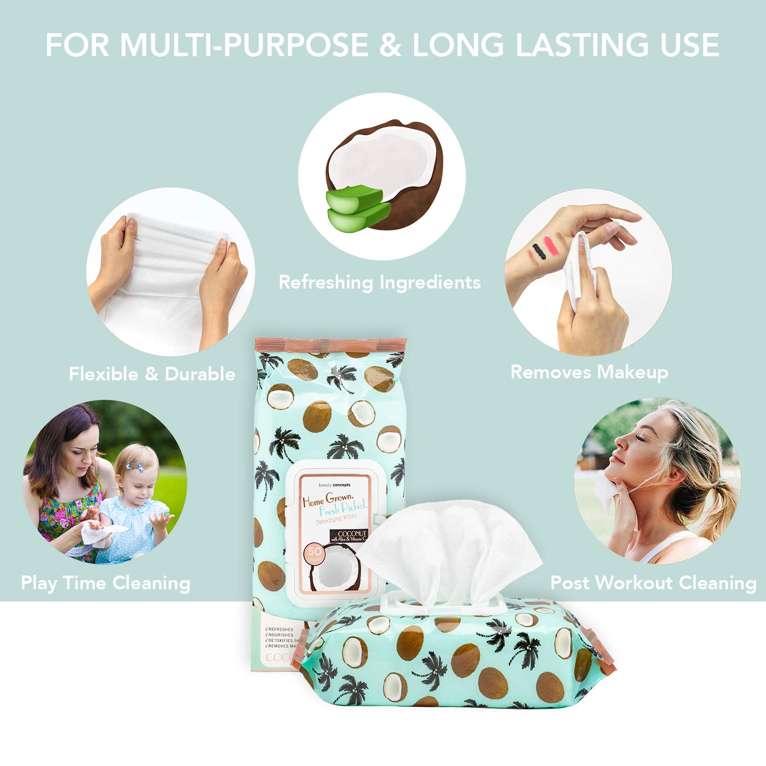 B.C. Beauty Concepts Makeup Remover Wipes – Gentle Facial Wipes for Easy Makeup Removal, 150 Count (Pack of 3), Coconut with Aloe & Vitamin C