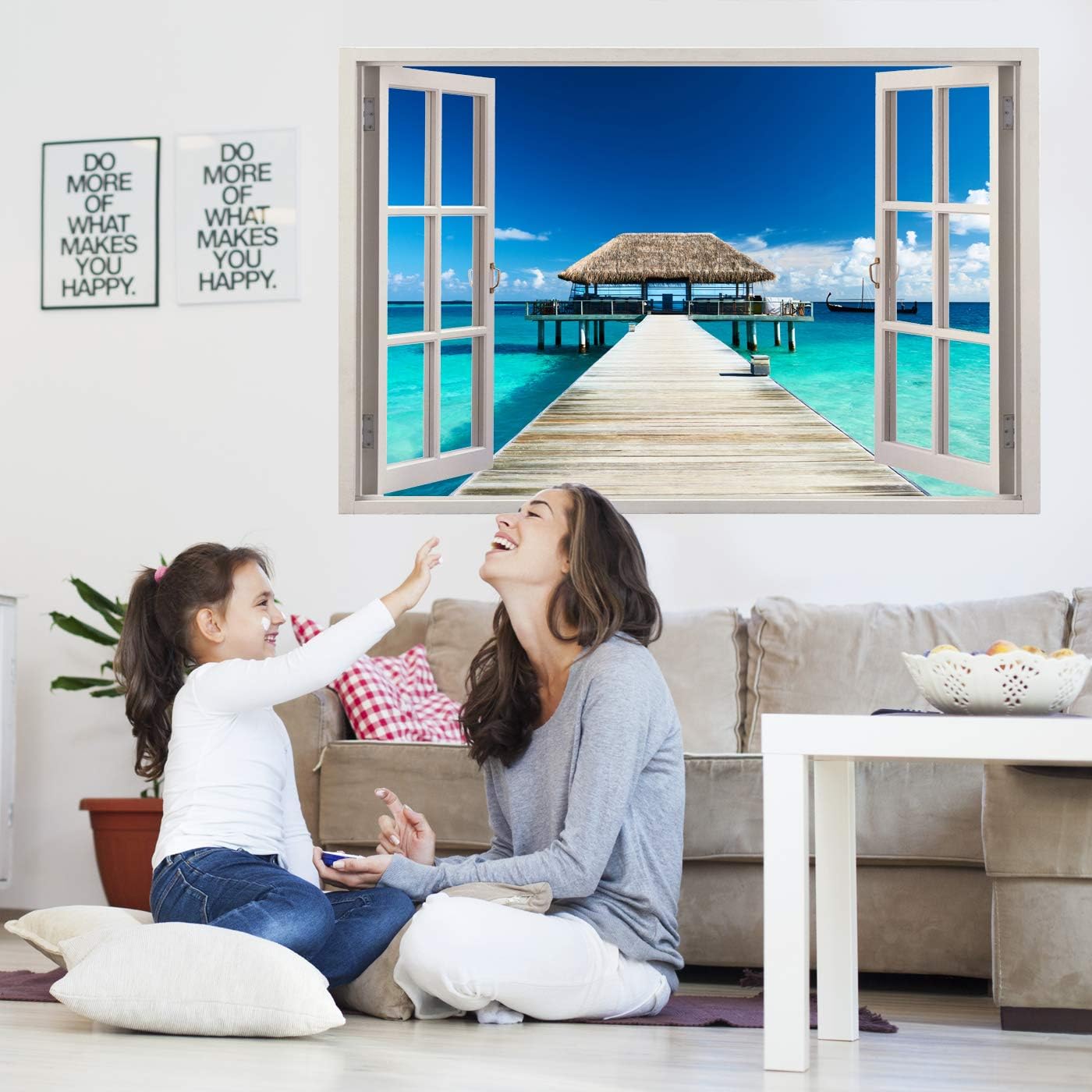 Realistic Window Wall Decal – Peel and Stick Nautical Decor for Living Room, Bedroom, Office, Playroom – Dcck Wall Murals Removable Window Frame Style Ocean Wall Art – Vinyl Poster Wall Stickers