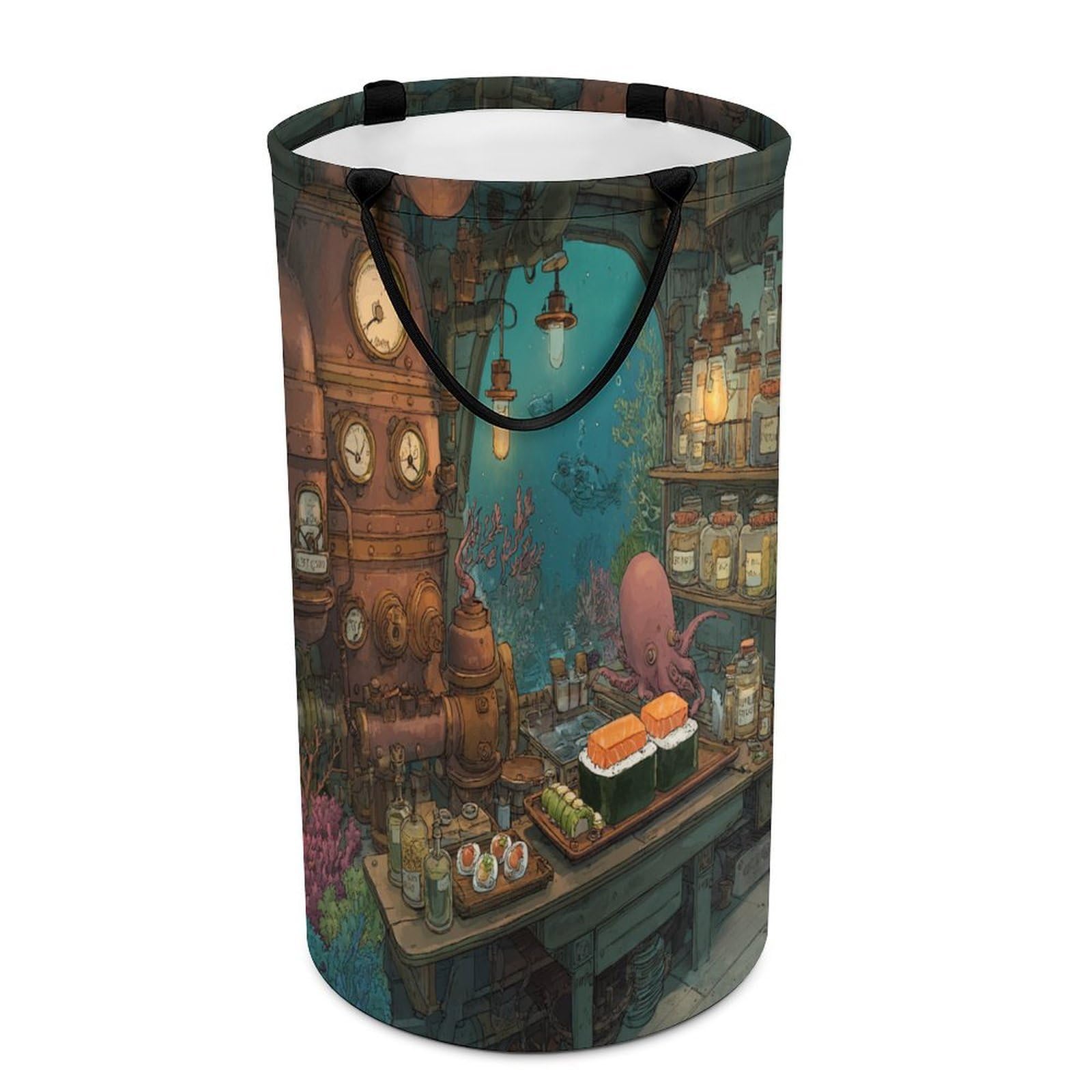LUYYSKY Fantasy Cartoon Octopus Chef Collapsible Dirty Clothes Basket, Oil Painting Japanese Sushi Underwater Animal Octopus Fish Portable Clothes Storage Laundry Basket-40 CM Dia, 69 CM High