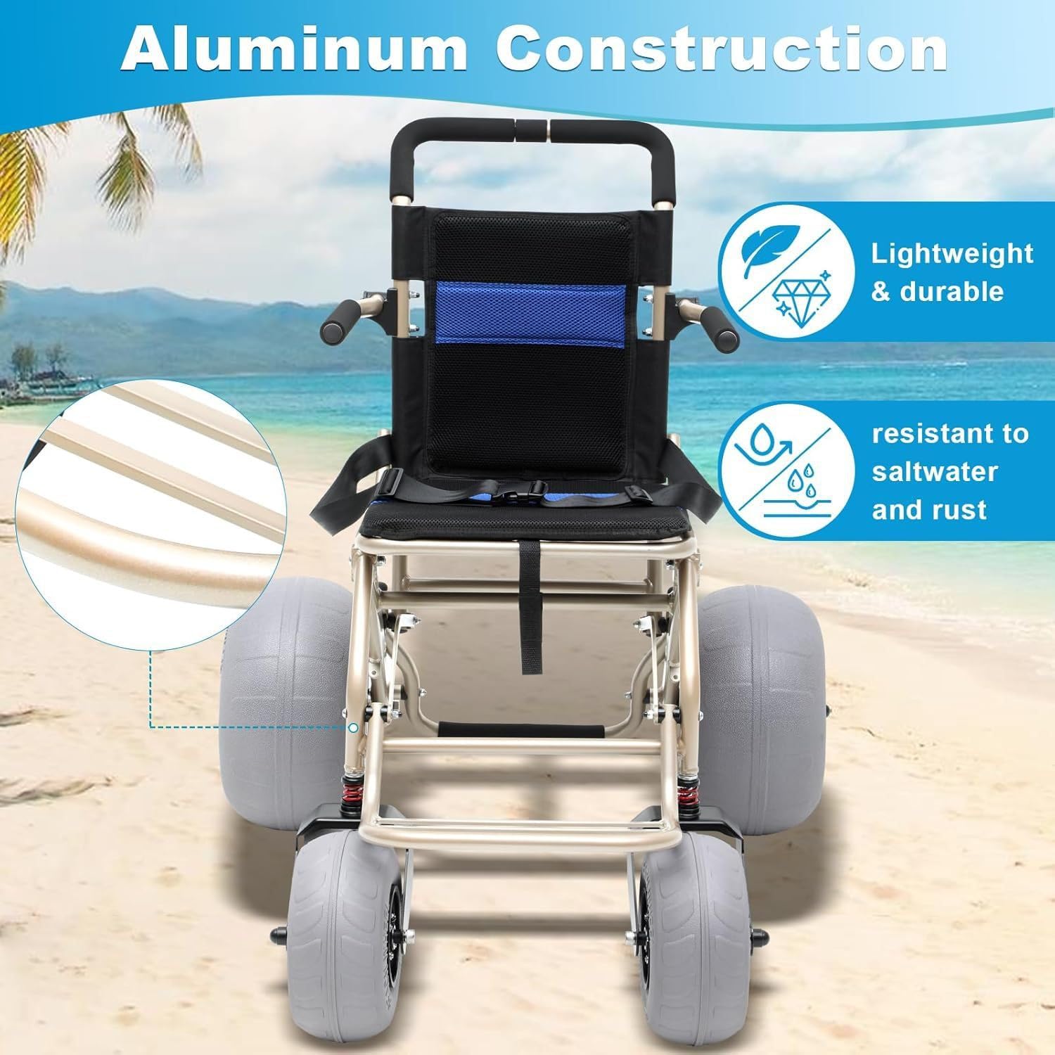 All-Terrain Beach Rollstuhl mit Ballonreifen - Klappstuhl für weichen Sand, Gras, Kies und Wasser - kompakt und reisefreundlich für ältere Menschen