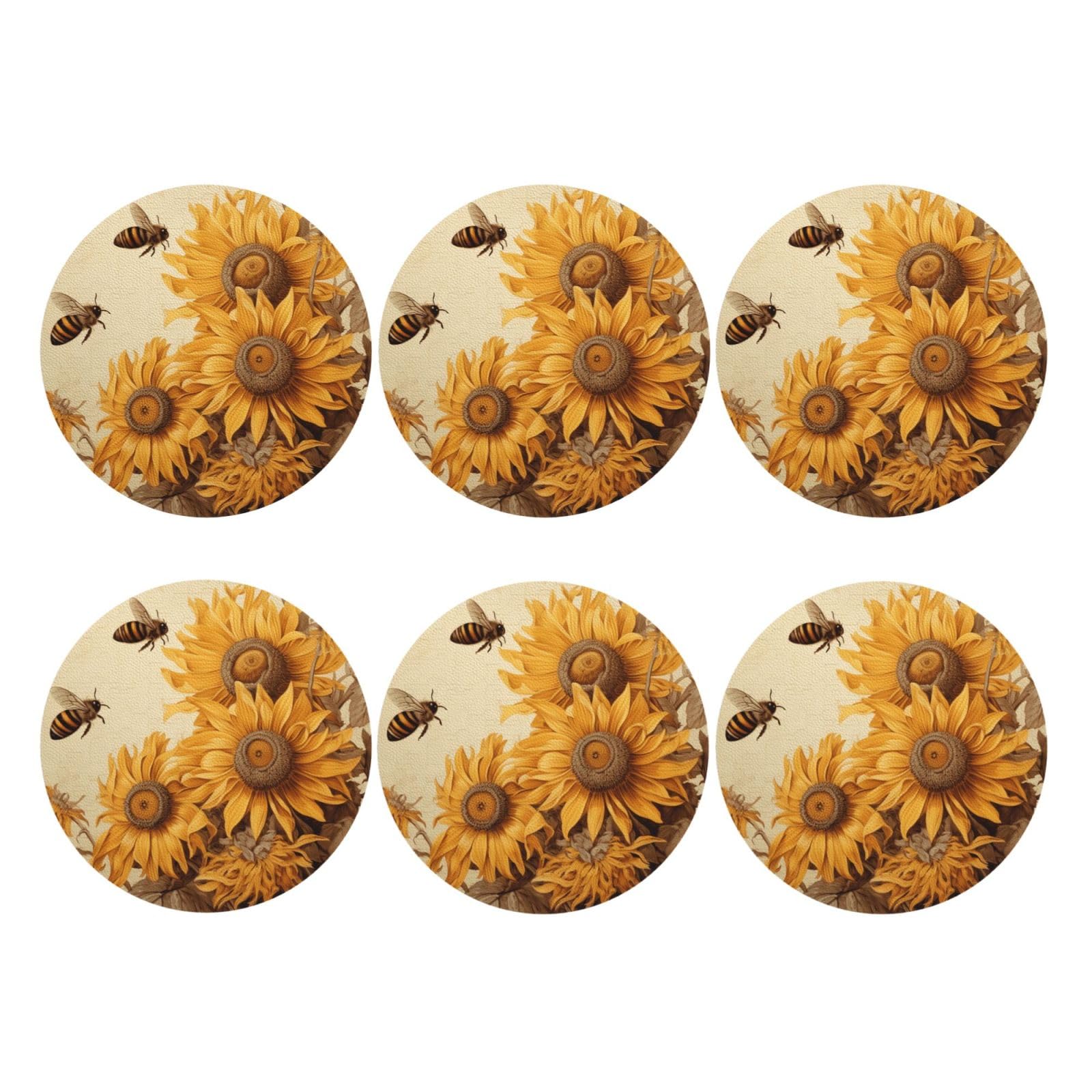 6pcs Leather Coasters for Drinks, Bees and Sunflowers Drink Coasters for Tabletop Protection, 4" Cup Coasters for Coffee Table Decor, Non-Slip Drinking Cup Mat for Hot Or Cold Drink