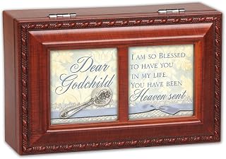 Cottage Garden Dear Godchild Blessed to Have You Woodgrain Rope Trim Jewelry Music Box Plays Jesus Loves Me