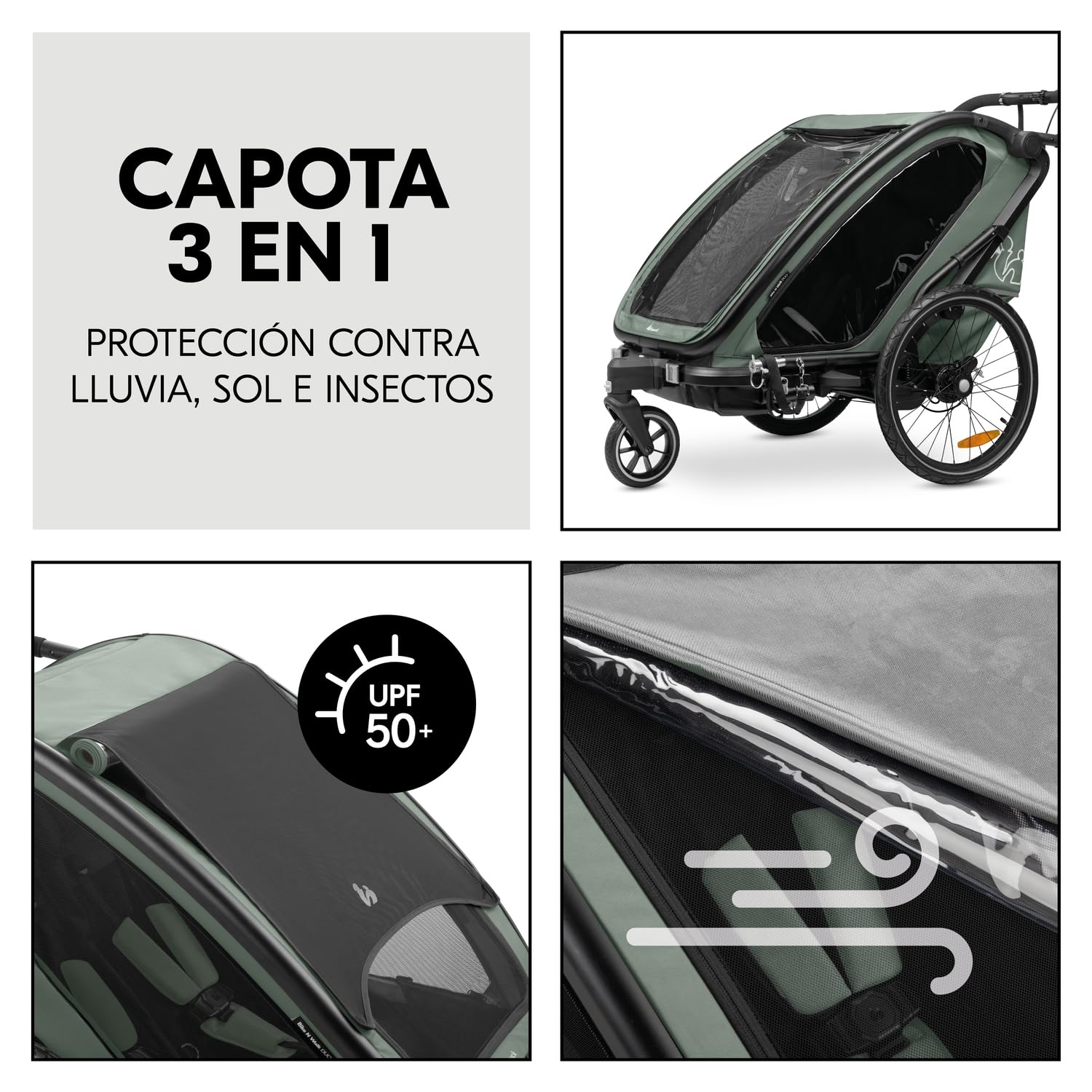 hauck Bike N Walk Duo Set Completo 3 en 1 Remolque Bicicleta 2 Niños - Silla de Paseo Doble Plegable Desde 6 Meses hasta 22 kg o 120 cm - Suspensión - Freno de Mano - Maletero - Verde