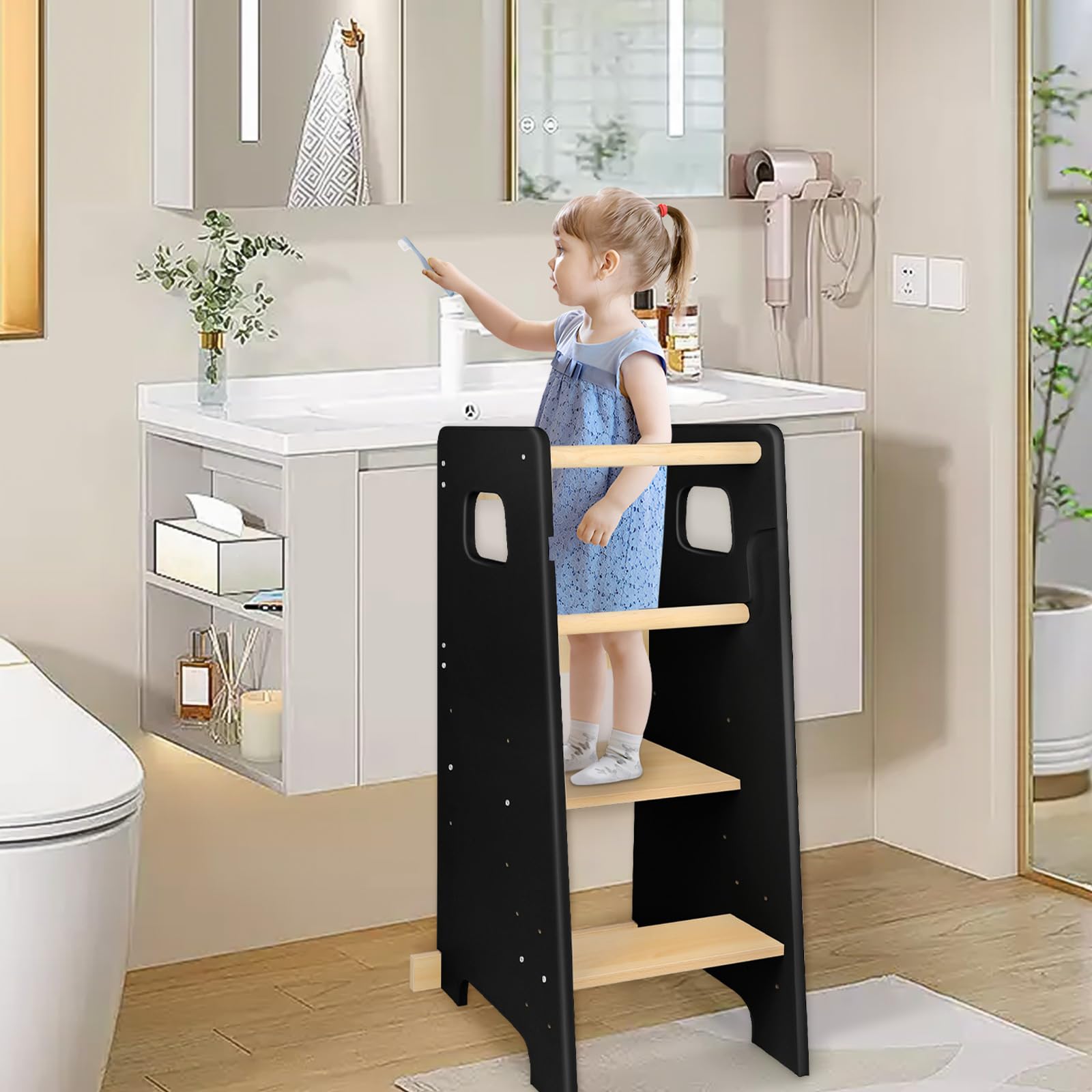 Montessori Lernturm aus Holz – Lernturm für Kinder – Rutschhemmende Füße Montessori-Methode (Schwarz, 90 x 42 x 40 cm)