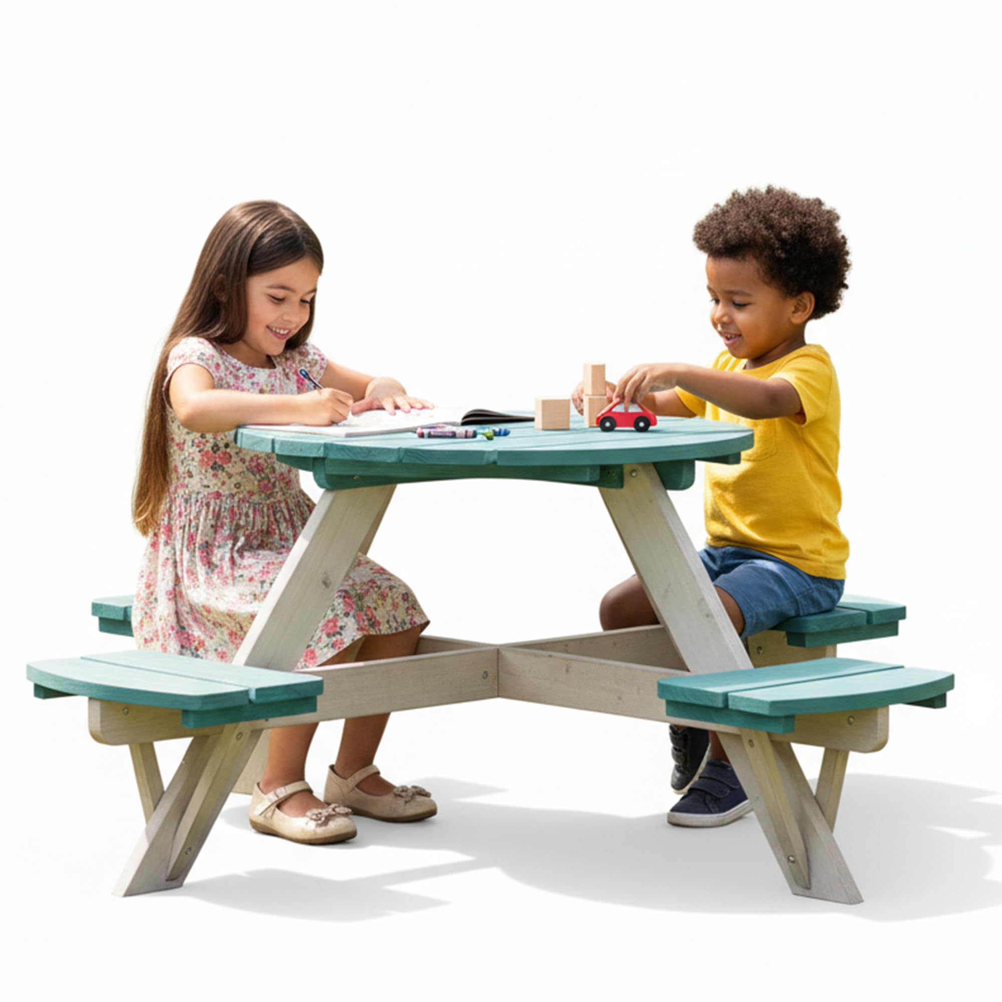 Plum® Kids Picnic Table - Wooden Toddler Table and Chairs Set, Outdoor Furniture for Patio, Garden, Backyard Dining &amp; Activity, 4 Built-in Benches, Sturdy, Durable, Weatherproof, Ages 3+, Teal