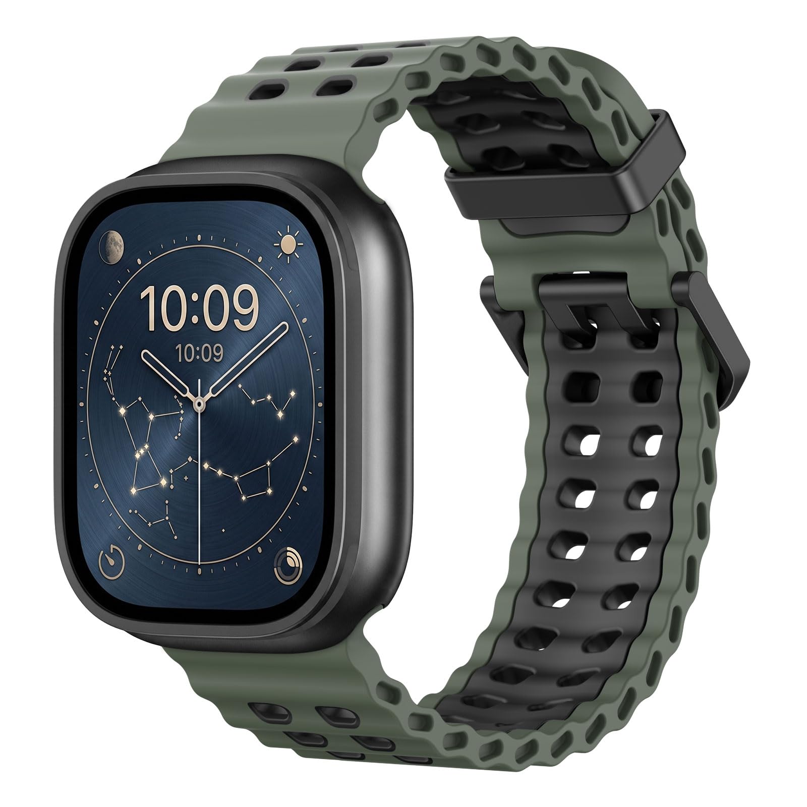 Breathable Ocean Strap Compatible with Apple Watch Ultra 2/Ultra 49mm,Series 10 46mm,9/8/7 45mm,SE2/SE/6/5/4 44mm,3/2/1 42mm, Silicone Watch Band Sport Strap for Men Women, Army Green/Black