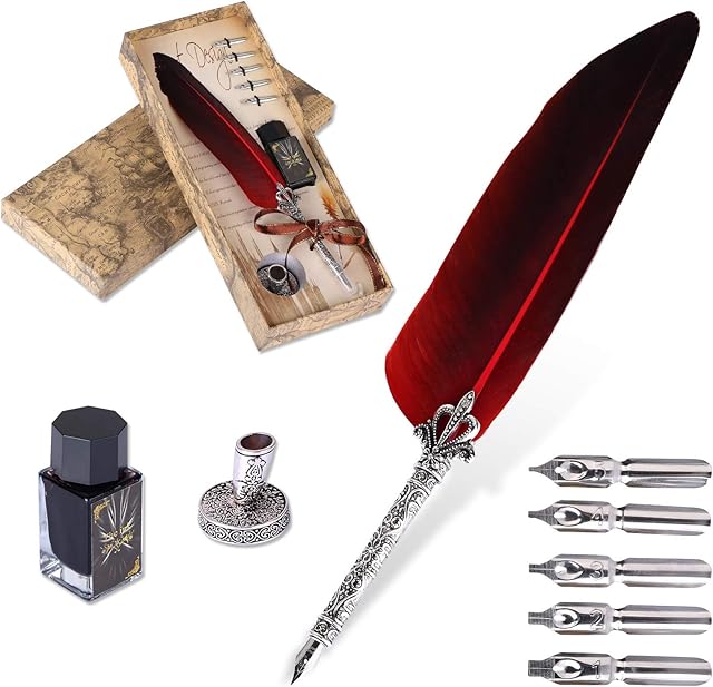 VABNEER Quill Pen Feather Pen Ink Pen Feather Calligraphy Pen Set Writing Quill Pen with Ink & 5 Replacement Nibs for Stationery GiftBright Red