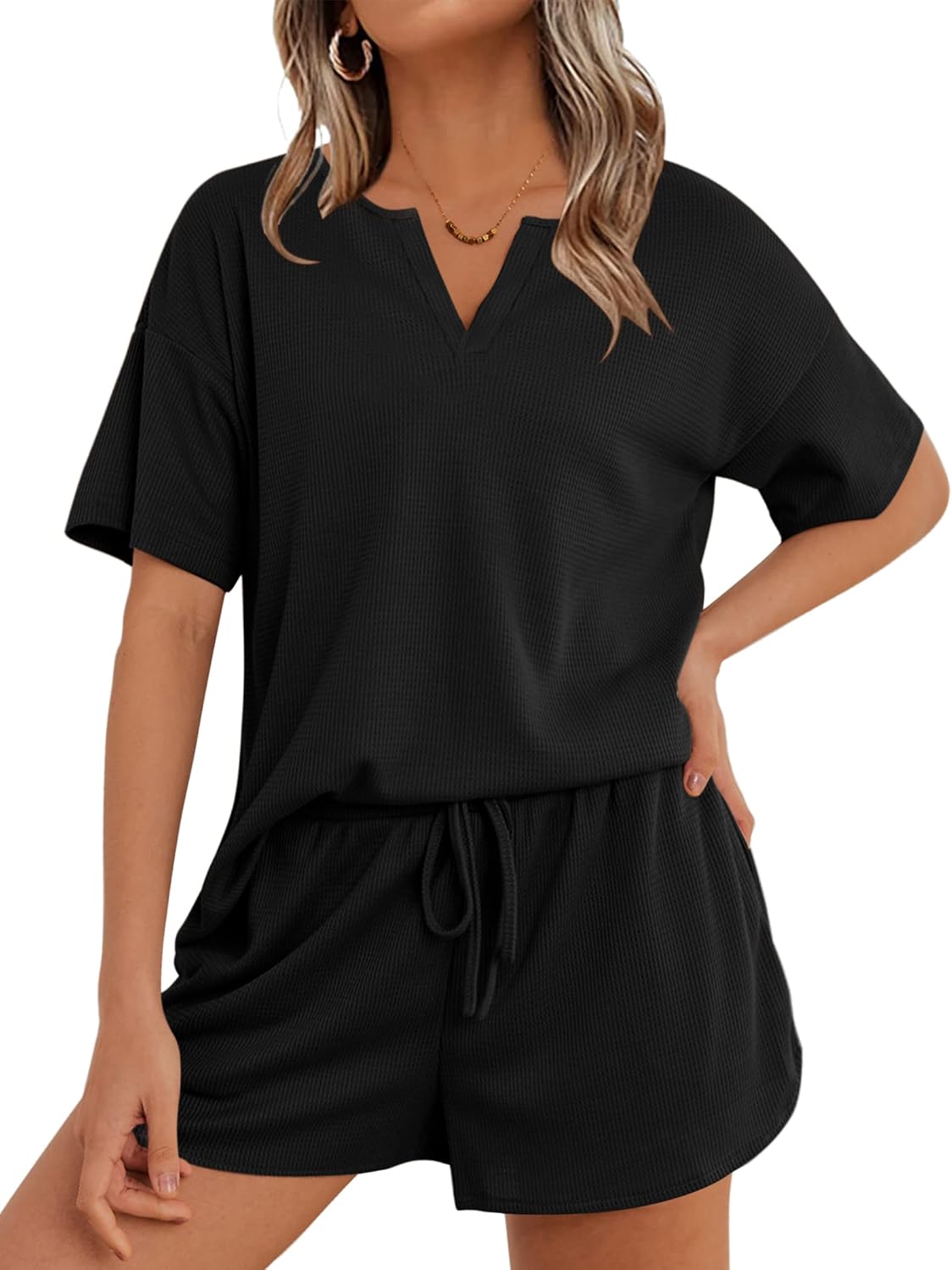 Ekouaer Waffle Knit Lounge Sets for Women 2 Piece Outfits Short Sleeve Top and Shorts Pajama Sets Tracksuit Sweatsuits S-XXL