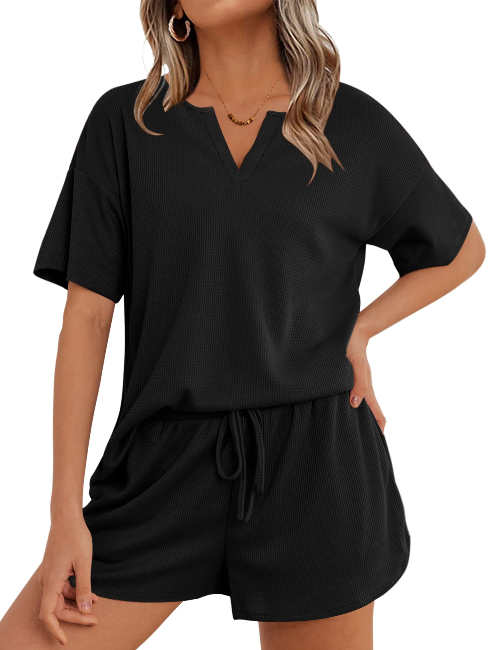 Becotal Women's Waffle Knit Pajama Set - 2 Piece Short Sleeve Top & Shorts Lounge Set, Black, Medium 5 thumbnail image