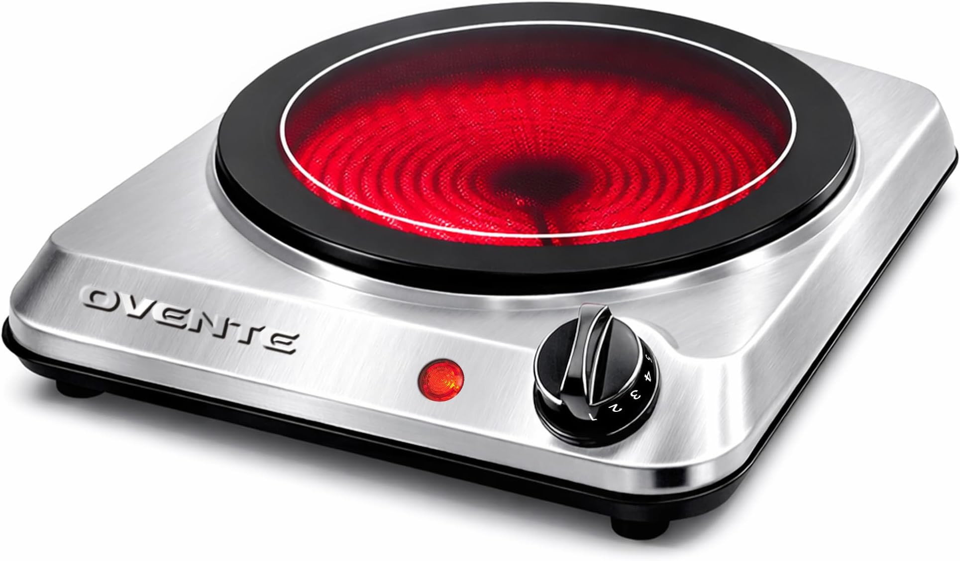 OVENTE Countertop Infrared Single Burner, 1000W Electric Hot Plate with 7” Ceramic Glass Cooktop, 5 Level Temperature Setting & Easy to Clean Base, Compact Stove for Home Dorm Office, Silver BGI101S