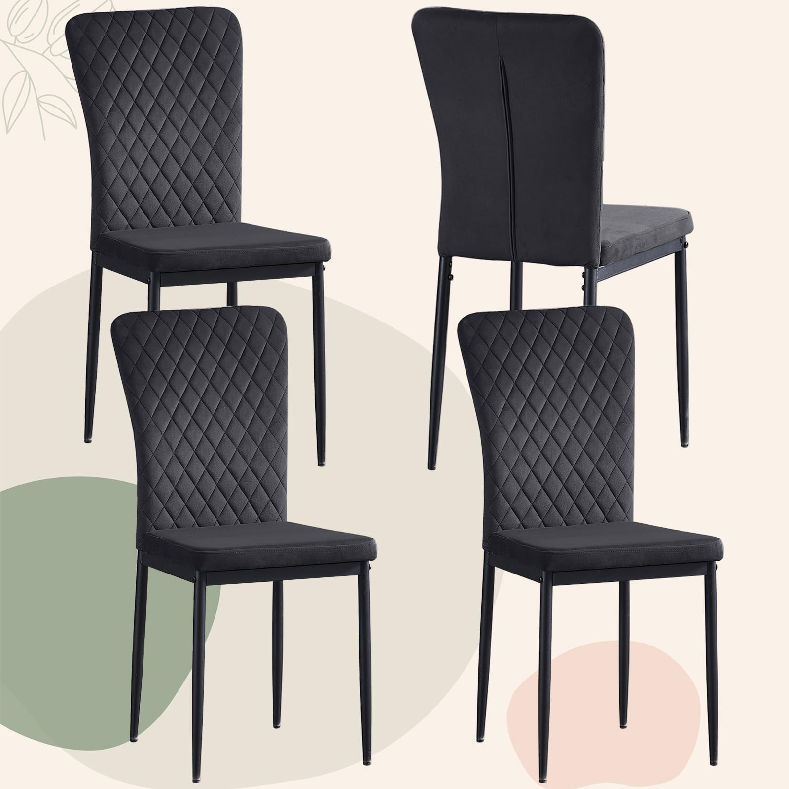 Dining Chairs Set of 4 Velvet Kitchen Living Room Chairs High Back Metal Frame Modern Lattice Design,Black
