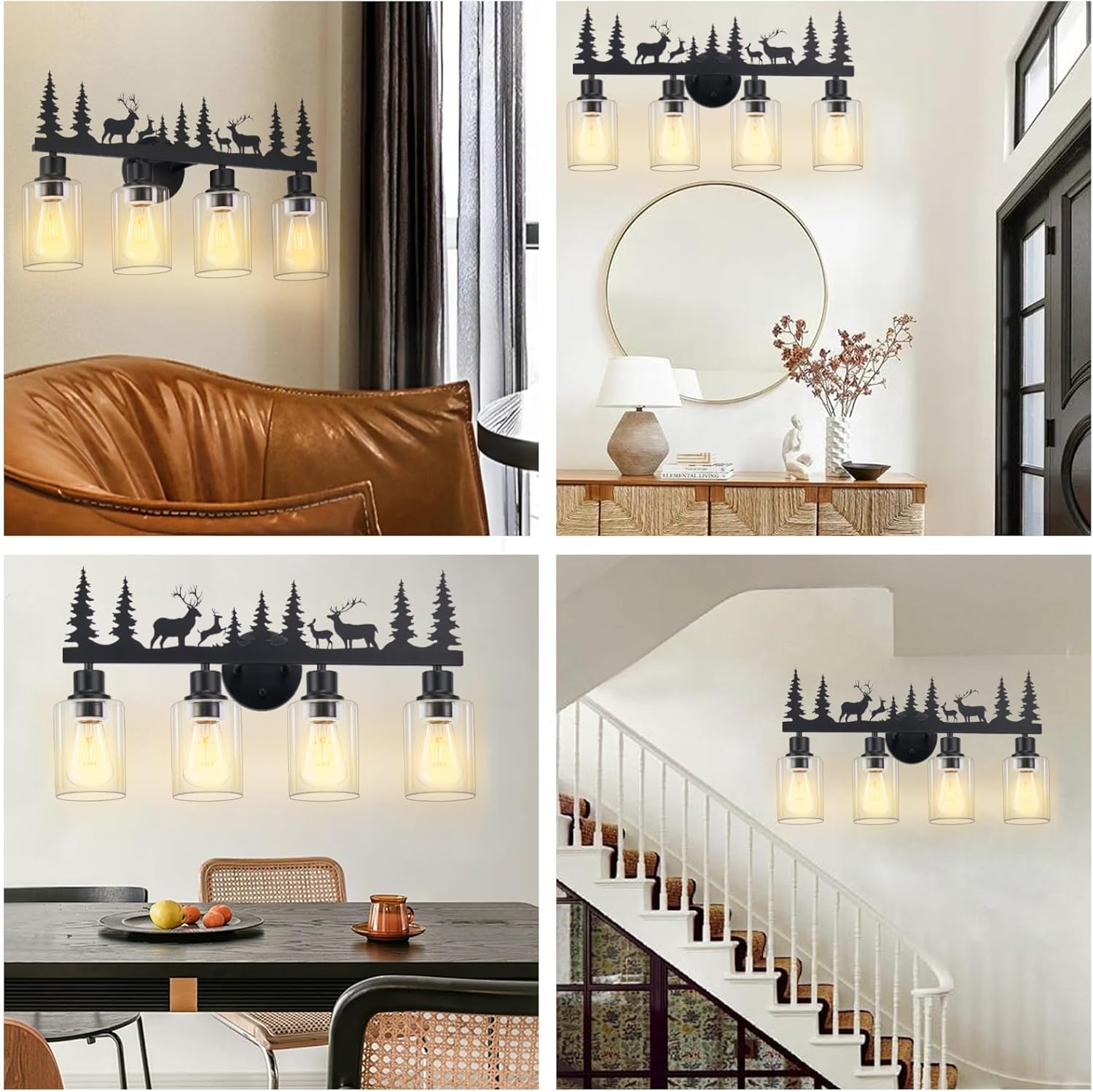 Farmhouse Rustic Deer Bathroom Light Fixtures, 4-Light Black Vanity Lights with Clear Glass Shade, Wall Lamp for Bathroom, Living Room, Hallway, Kitchen, Cabinet, Porch