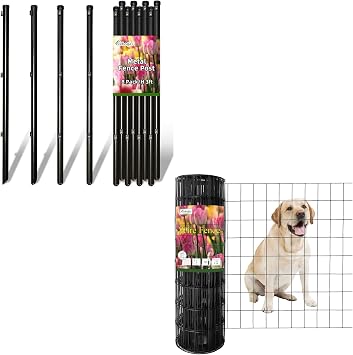 Black Wire Fence 24 Inch x 50 Foot, 2 Inch x 3 Inch 16GA Bundle Black Fence Posts 3 Feet, 1-1/4" Diameter,Pack of 8