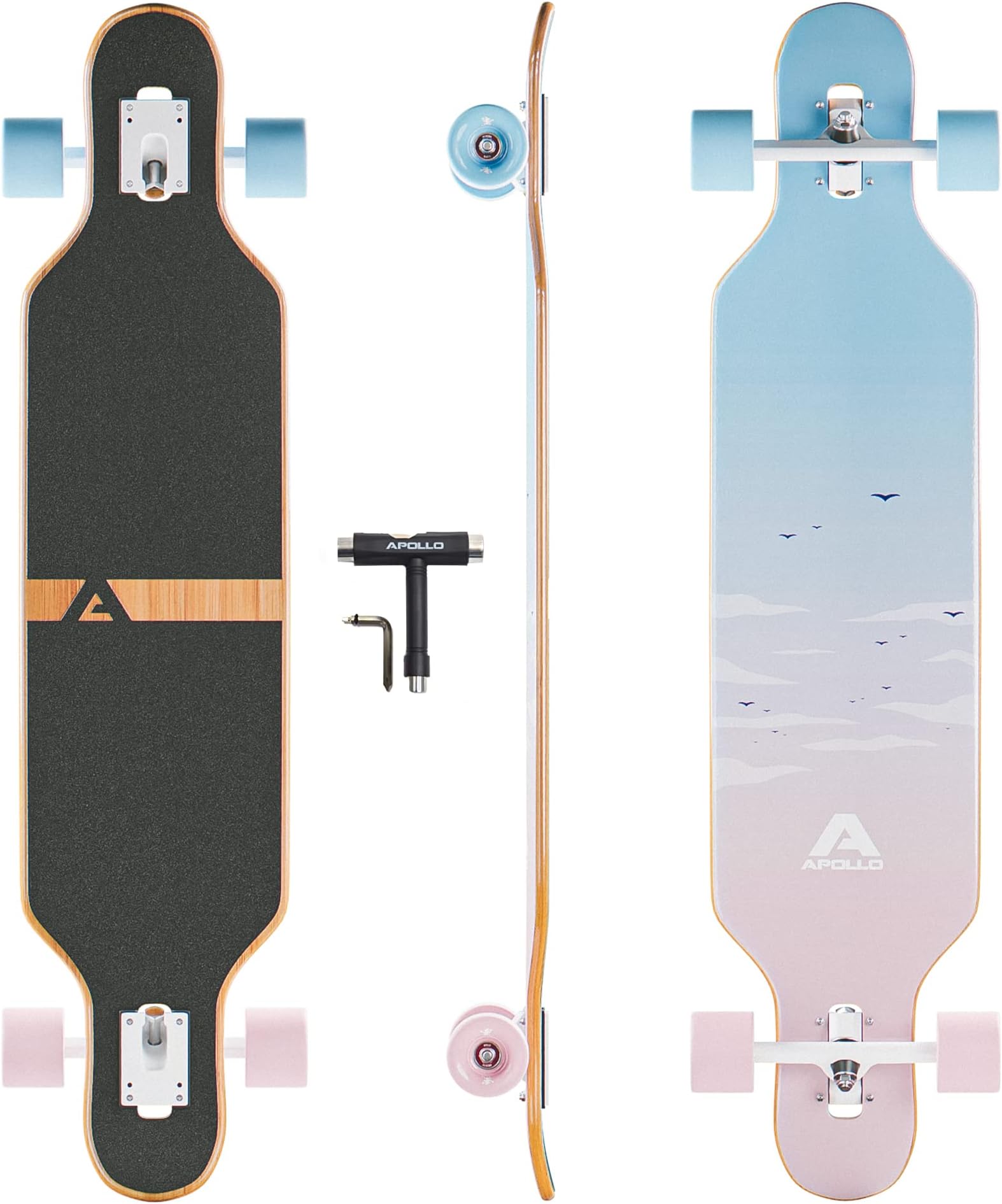 Apollo Longboard, Complete Board with High Speed ABEC Bearings, Drop Through, Freeride, Skating, Cruiser Board
