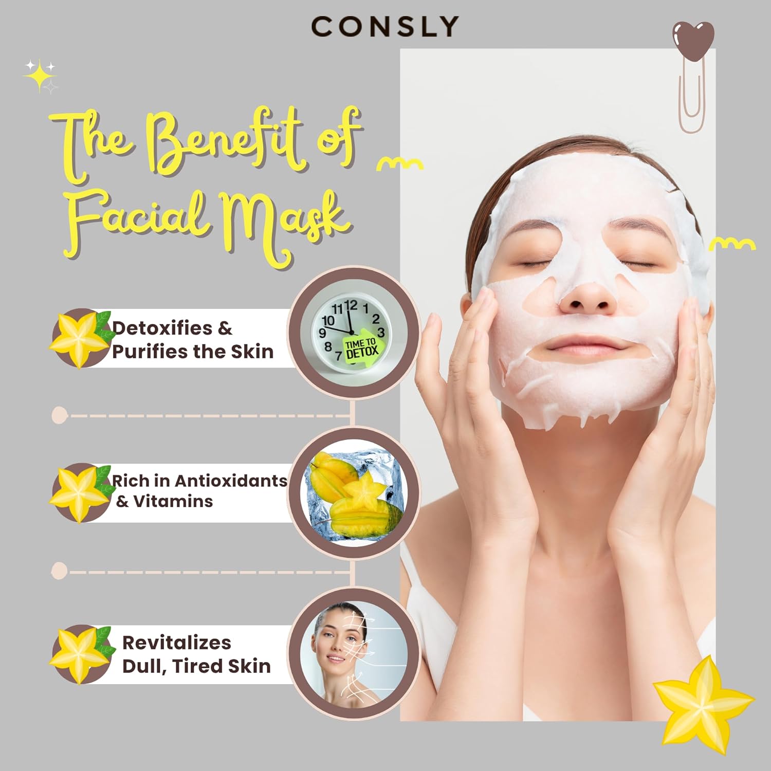 CONSLY_Carambola Detox Mask 10 Pack | Hydrating Korean Sheet Masks with Star Fruit Extract | Refreshing Self-Care for Healthy-Looking Skin | All Skin Types | 20ml Each