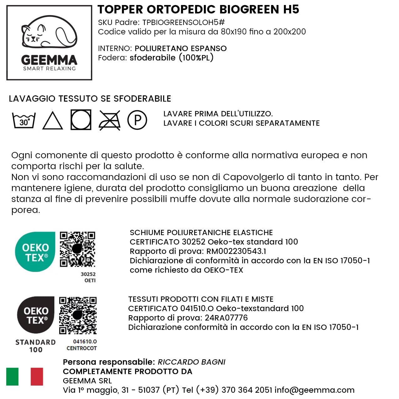 GEEMMA s.r.l. Topper rígido, sobrecolchón, corrector de colchón ortopédico de BIOGREEN, altura 5 cm, tejido desenfundable, 4 lados de hilo de plata, ortopédico, individual 80 x 190 cm