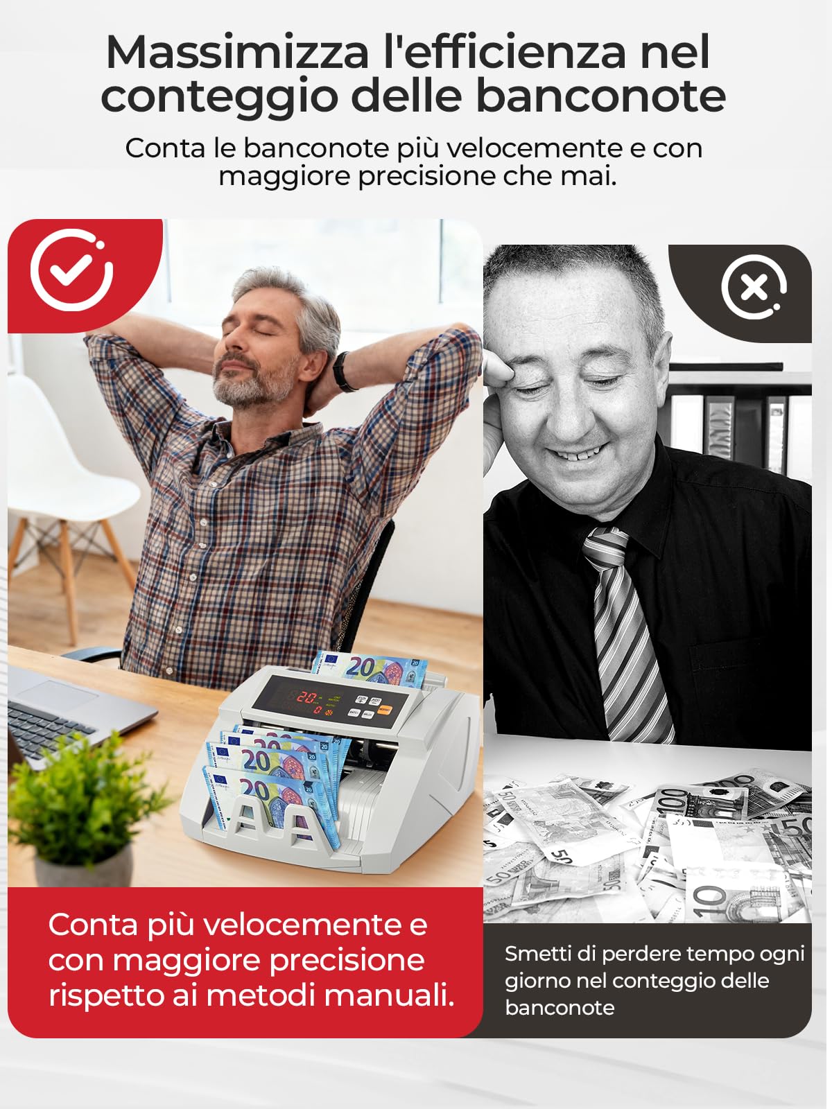 FOHERE Macchina conta Banconote, Macchina conta Soldi Professionale con Rilevamento Falsi UV/MG/IR/DD, 1100 Banconote al Minuto, Display LCD, Modalità Valore e Lotto per Negozi, Banche e Ristoranti