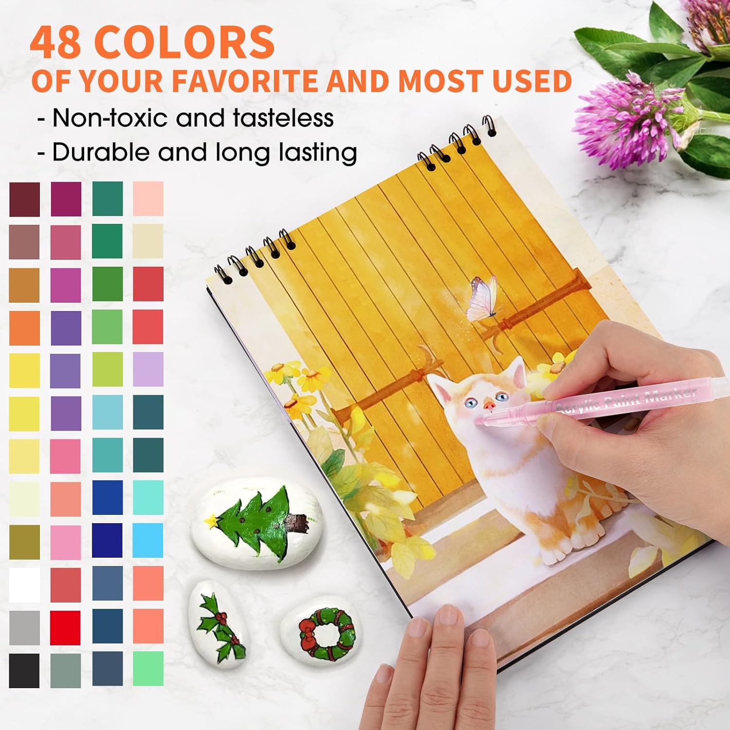 Acrylic Paint Pens Markers,48 Colors Waterproof Paint Pens for Rock Painting,Graffiti, Stone, Ceramic, Glass, Wood, Fabric, Canvas, Porcelain, Metal,Pumpkins,Water Based Quick Dry Non-Toxic No Odor