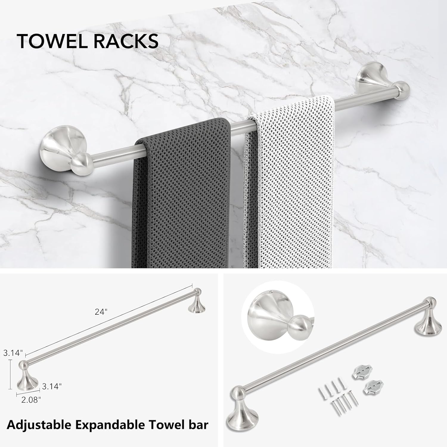 4 Piece Bathroom Hand Towel Holder Set, Adjustable Towel Racks for Bathroom Wall Mounted, Stainless Steel Brushed Nickel Towels Bar, 24 Inch Bath Room Accessories Set