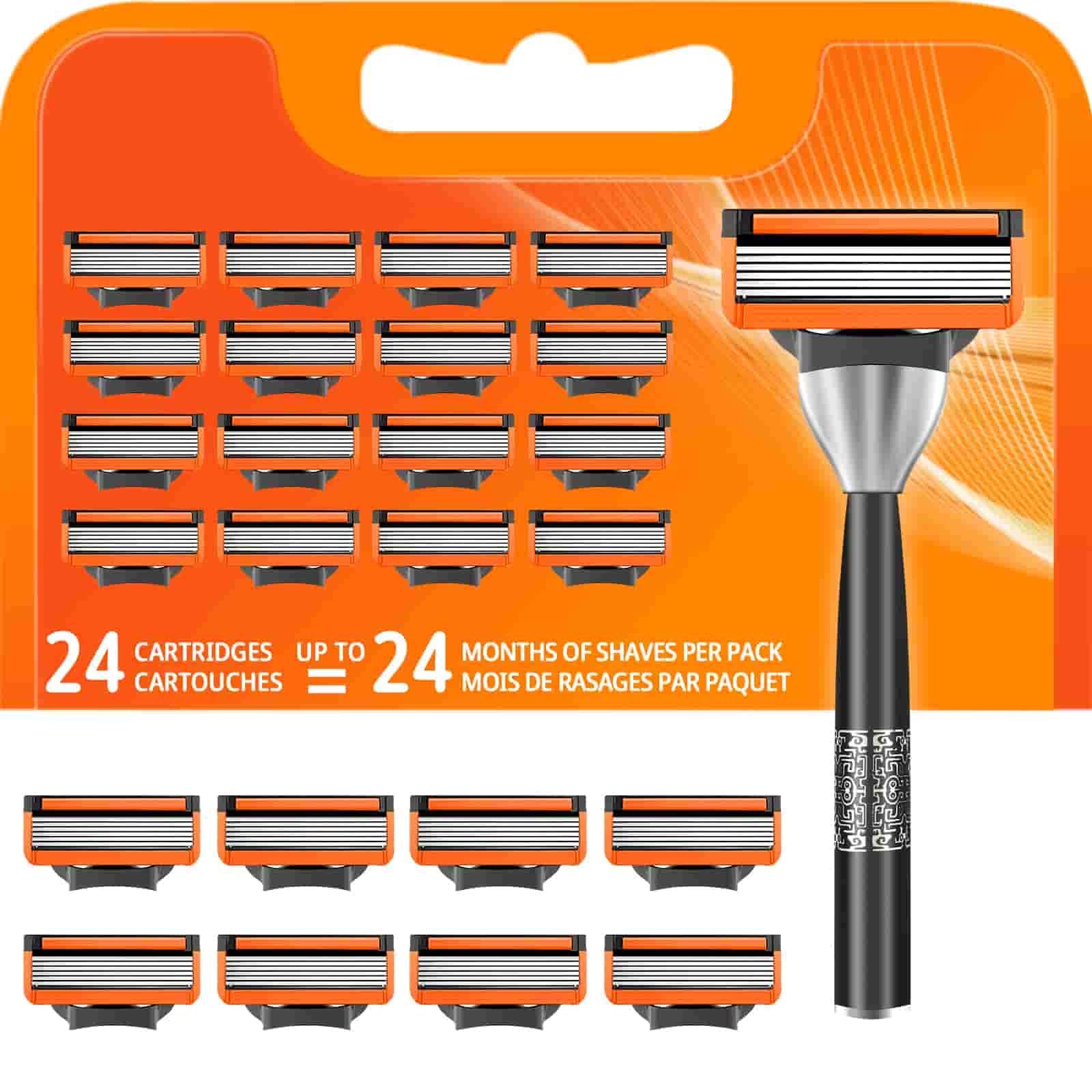 Paquet de 24 Lames de Rasoir 5, Lames de Rasoir Humide pour Hommes, 1 Réutilisable Manche + 24 Cartouches De Recharge, Lames de Rasoir de Sécurité pour Tailler les Poils du Corps et la Barbe