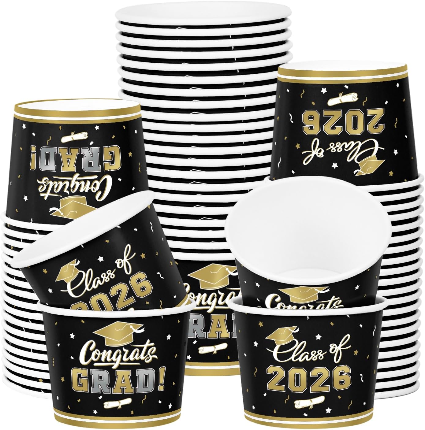 Gatherfun 2026 Graduation Decorations Kit - Class of 2026 Congrats Grad Party Pack with Paper Ice Cream - Snack Cups for 50 Guests, for Graduation Party Supplies(Black and Gold)