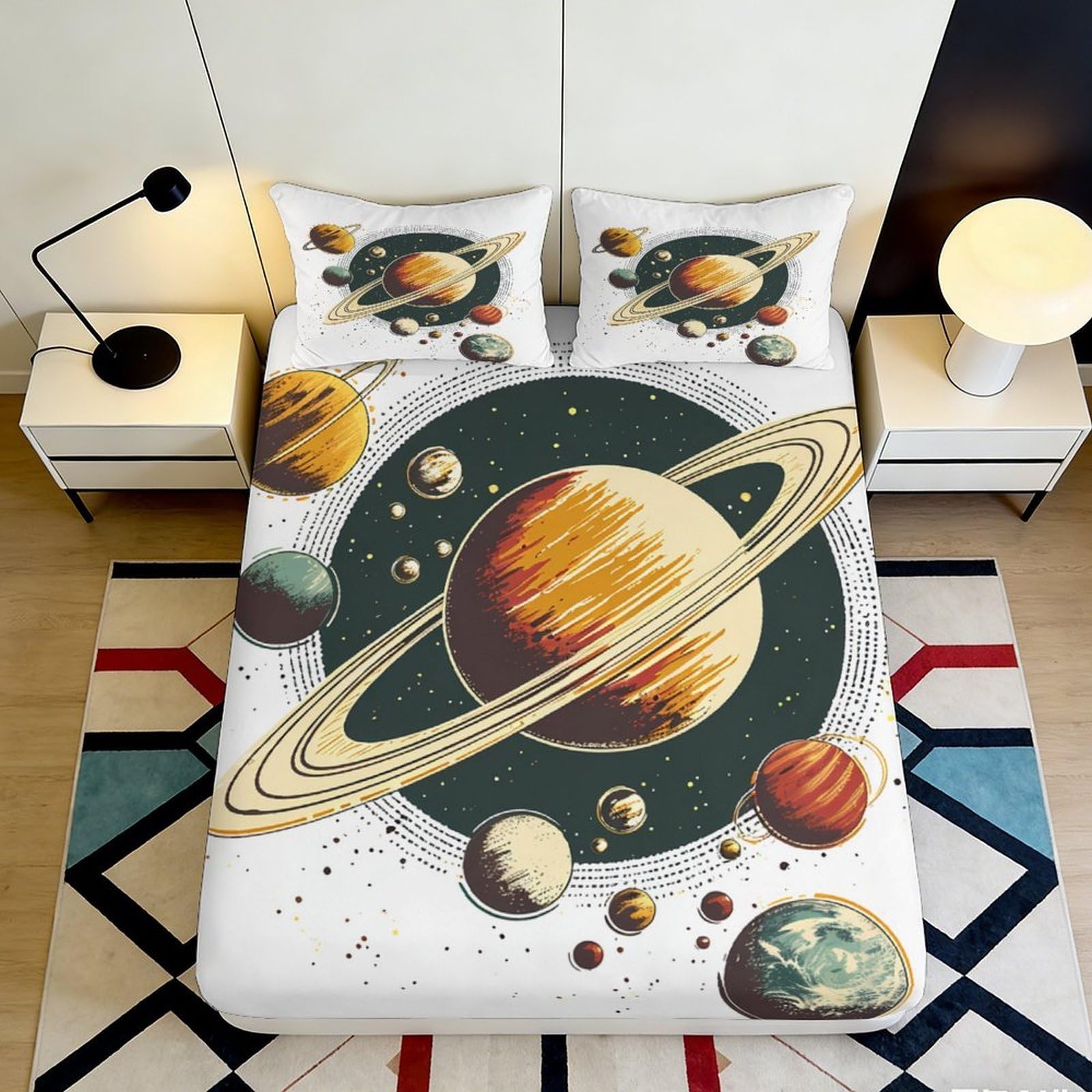 3D Printed Saturn Planet Fitted Sheet Microfiber Soft Breathable Solar System Bed Cover for Bedroom Dorm Decor 90x200x25cm