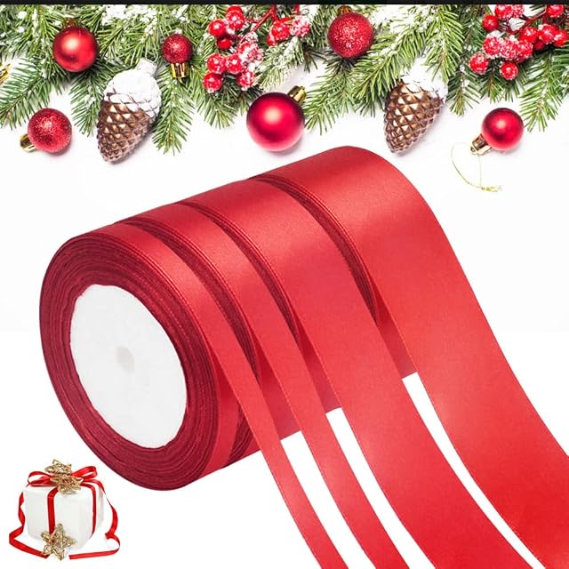 ANTHYTA Satin Ribbon,Red Ribbon,4Pcs Double Sided Satin Ribbon Rolls with 4 Size(6/9/25/38mm),Christmas Ribbon for Gift Wrapping,for DIY Crafts Xmas Tree Present Decoration(100yard a Total)