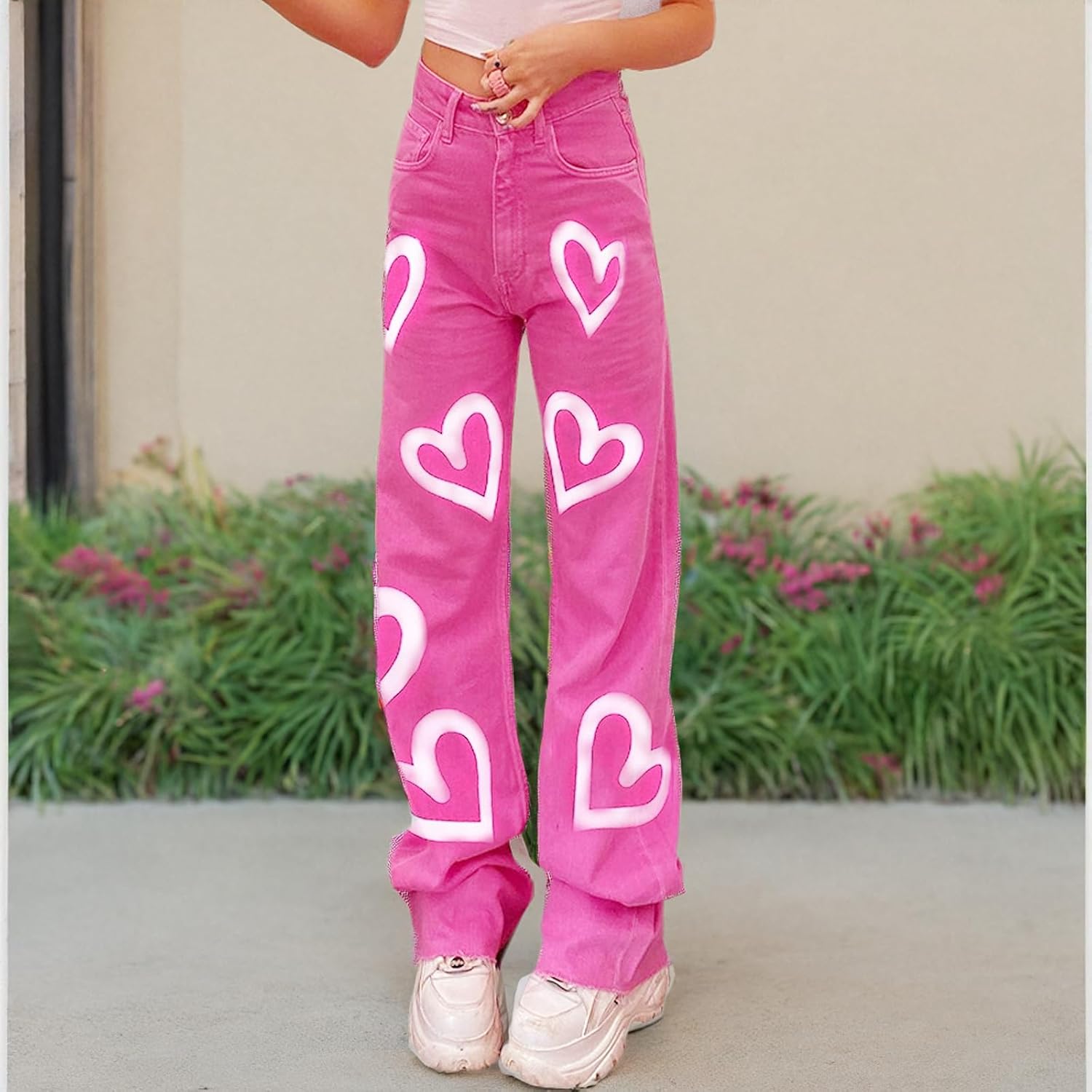 Heart Print Jeans for Women Fashion Wide Leg High Waist Denim Pants Boyfriend Jeans Loose Fit Vintage Jeans for Teen Girls