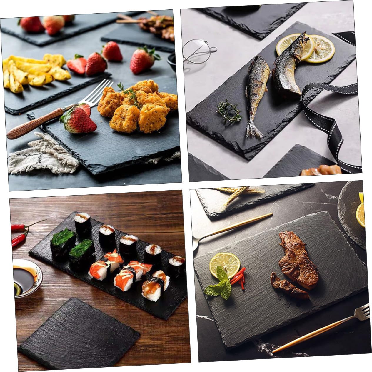 2 Stk. Teiliges Isolierte Sushi Servierplatten aus Natürlichem Schiefer Rutschfeste Hitzebeständige Schwarze Food Display Teller für Steak Dessert und Brot