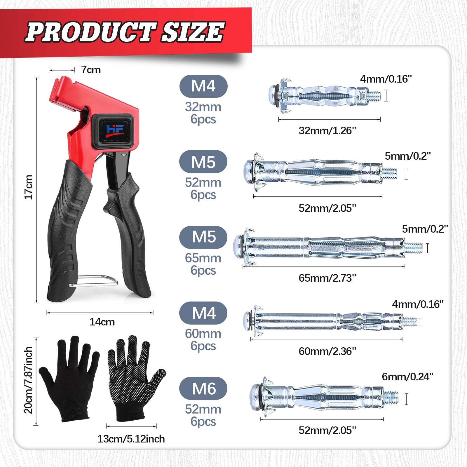 Kit de Anclajes de Pared Hueca, Herramienta de Ajuste de Metal Resistente con 30 Unidades en 5 Tamaños (M4/M5/M6) y Guantes de Trabajo, Ideal para Pladur, Paredes Huecas y Madera Contrachapada