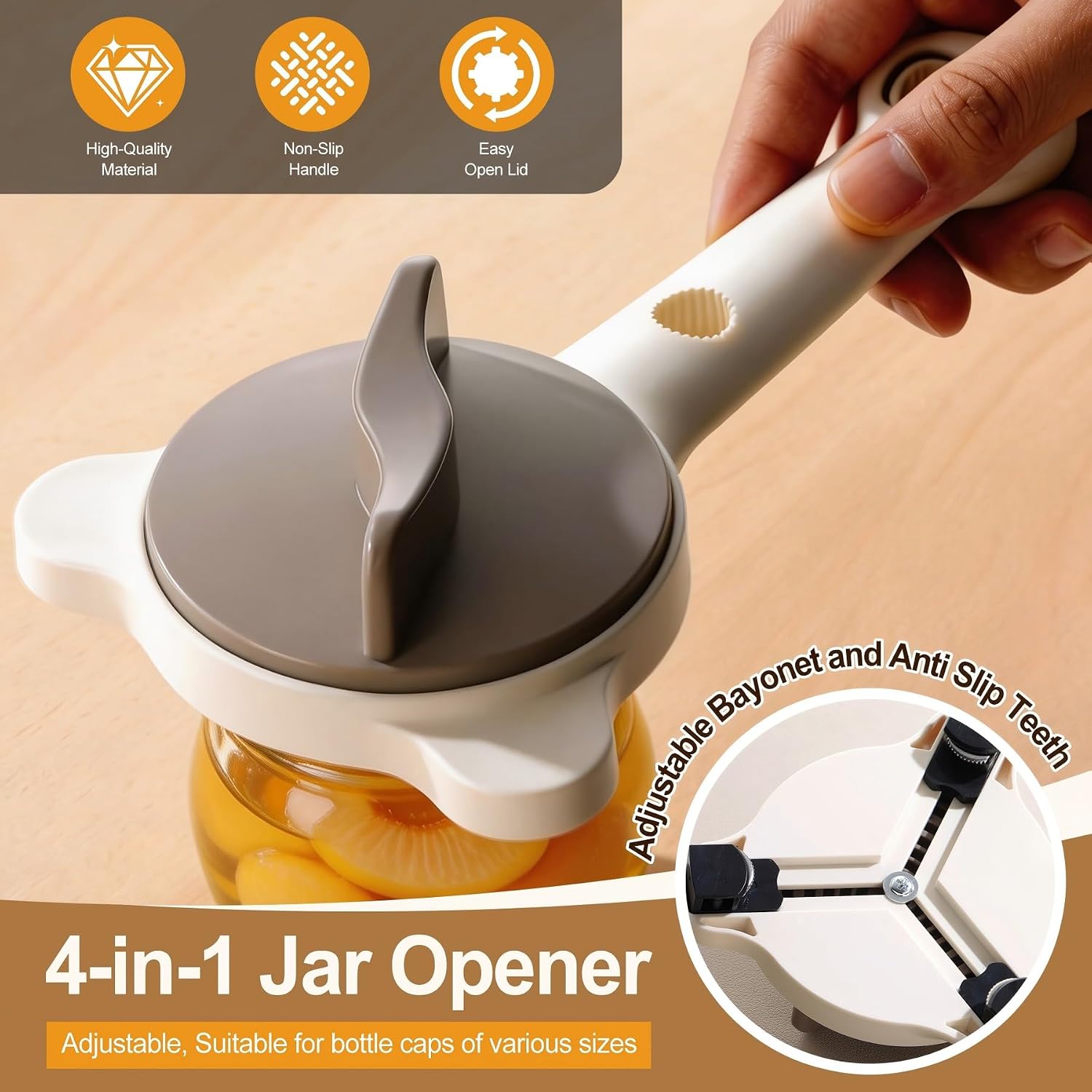 New 4-in-1 Jar Opener,Adjustable Jar Opener for Seniors & Weak Hands with Non-Slip Grip, Multi Size Lid Tool for Jars Cans Wine Bottles,Home Kitchen Helper (Beige)