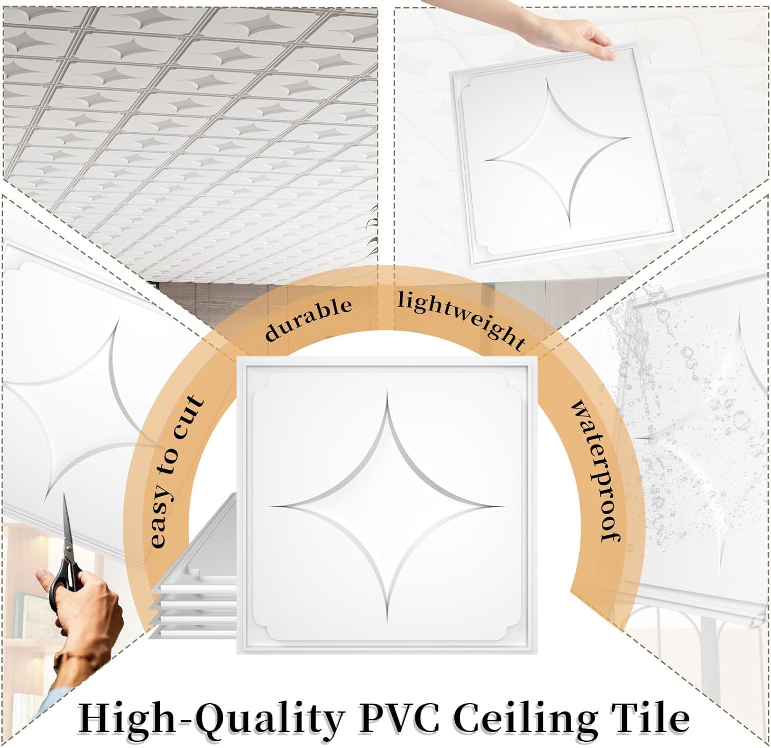 24 PCS 2x2 FT Starburst Decorative Ceiling Tiles, 24x24 Inch 3D Modern Minimalist Ceiling Panels, PVC Waterproof Cuttable Material Ideal for Living Room Bedroom Commercial Space Cover 96 Sq.Ft