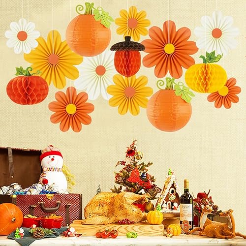 Miniatura 5 de Decoraciones de fiesta de Acción de Gracias, pancarta de agradecimiento, faroles de papel, calabazas de panal, abanicos de papel de bellota de