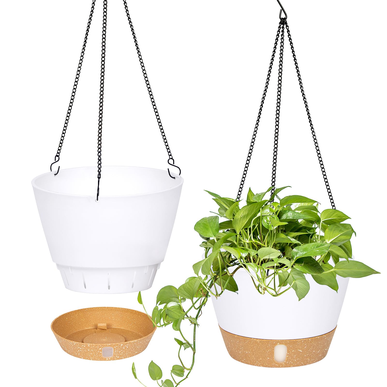 QCQHDU 2 Pack 10 Inch Hanging Planters for Indoor Outdoor Plants, Hanging Baskets Flower Pots with Reservoir Tray & Visible Water-Level