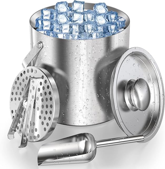 Ice Bucket, Homeasy Ice Bucket for Home Bar 3L Stainless Steel Double Wall Bar Ice Bucket Set with Lid, Tongs, Scoop and Strainer Keeps Ice Cold & Dry Great for Bar, Party, Beer, Champagne and Wine